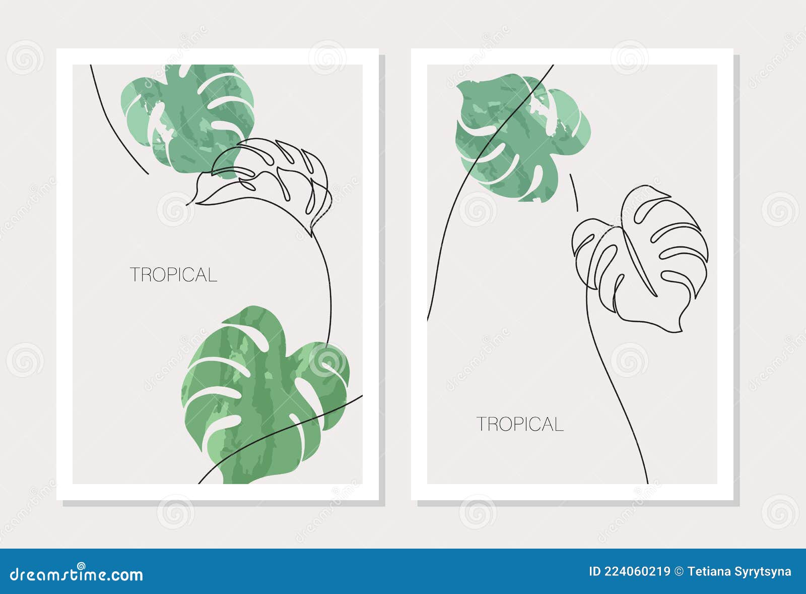 abstract minimal monstera leaves posters set in one line drawing, watercolor style