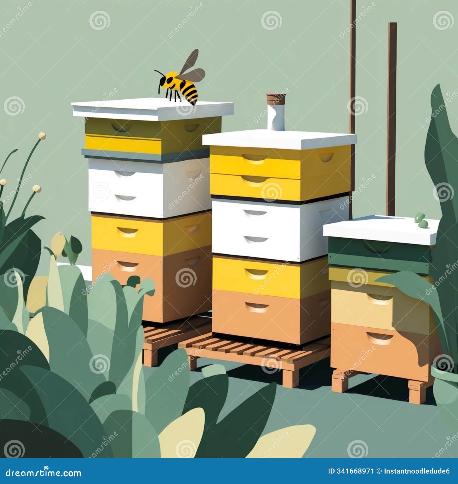 abstract minimalist depiction of urban beekeeping with clean hives and soft greenery