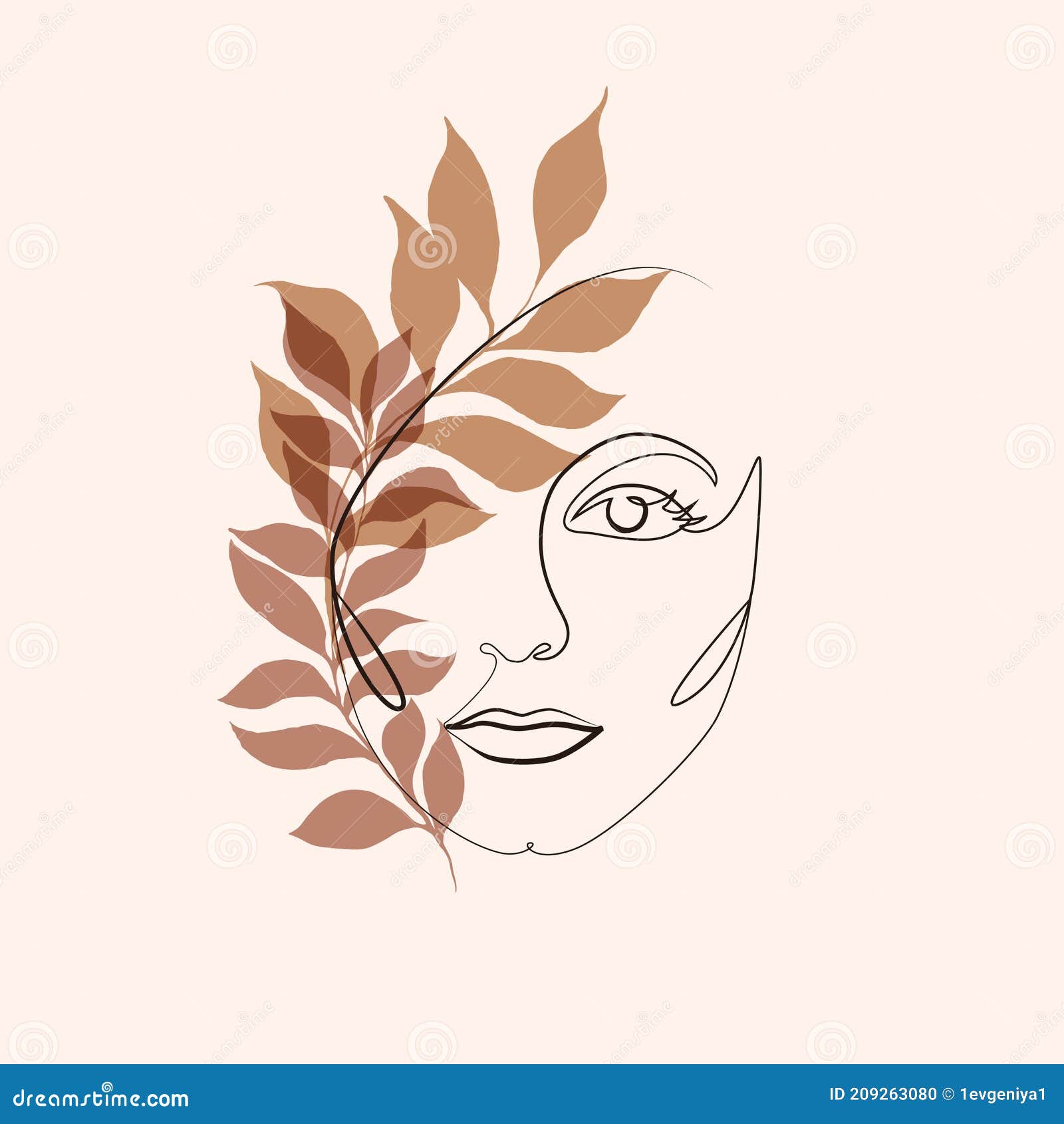 abstract minimalistic linear sketch. female face.   hand draw with plant leaves. one line drawing face. modern