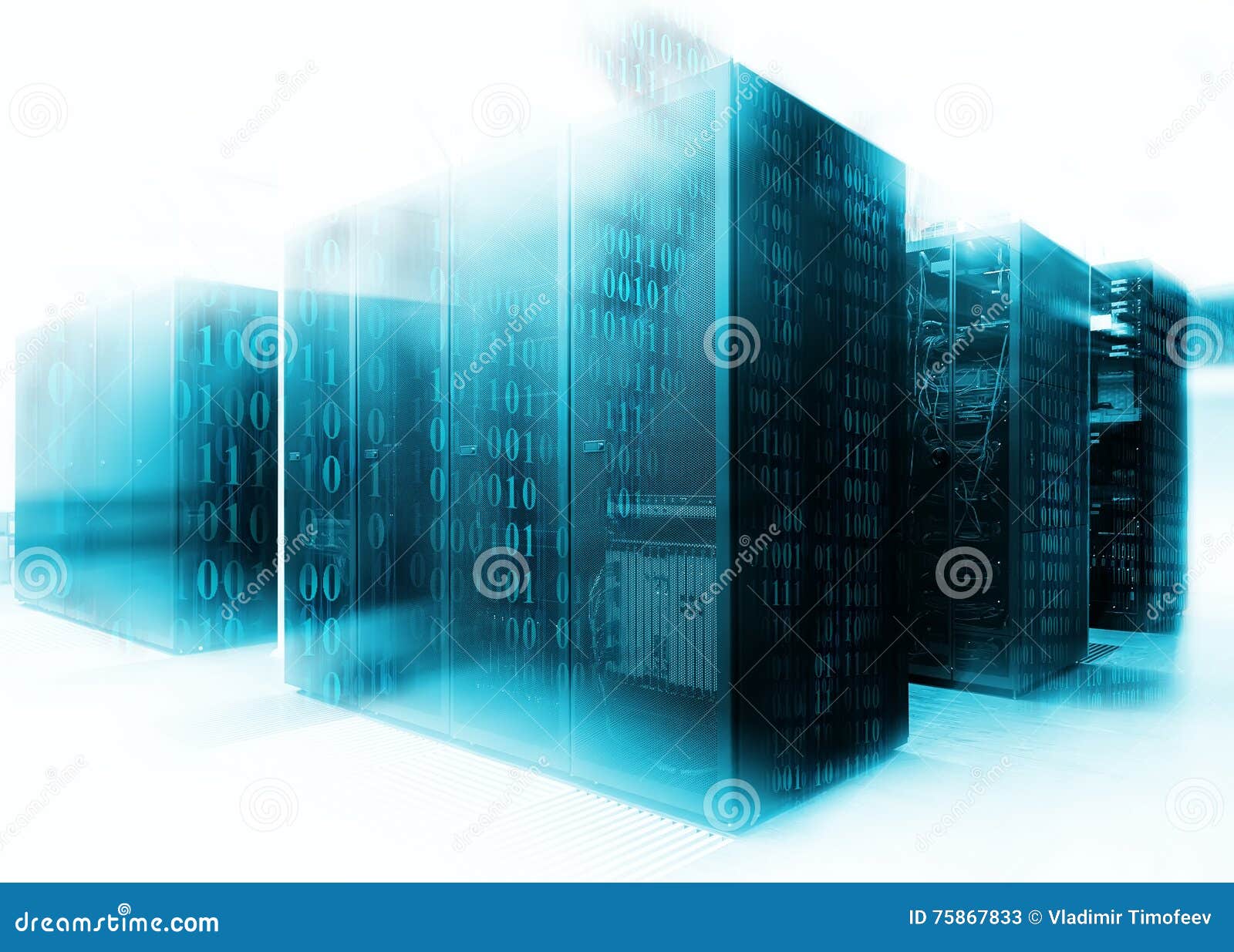 abstract of modern high tech internet data center room with rows of racks with network and server hardware.