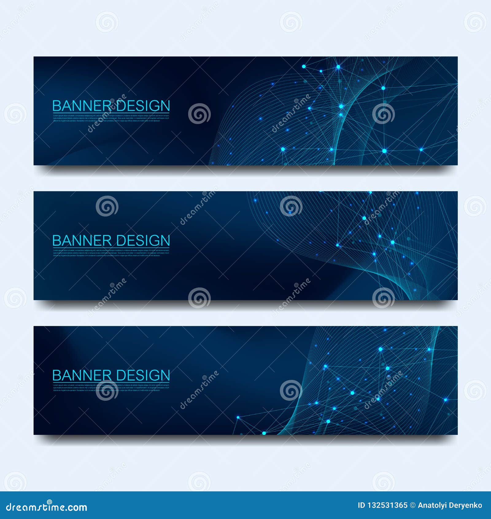 abstract molecules banners set with lines, dots, circles, polygons.   network communication background