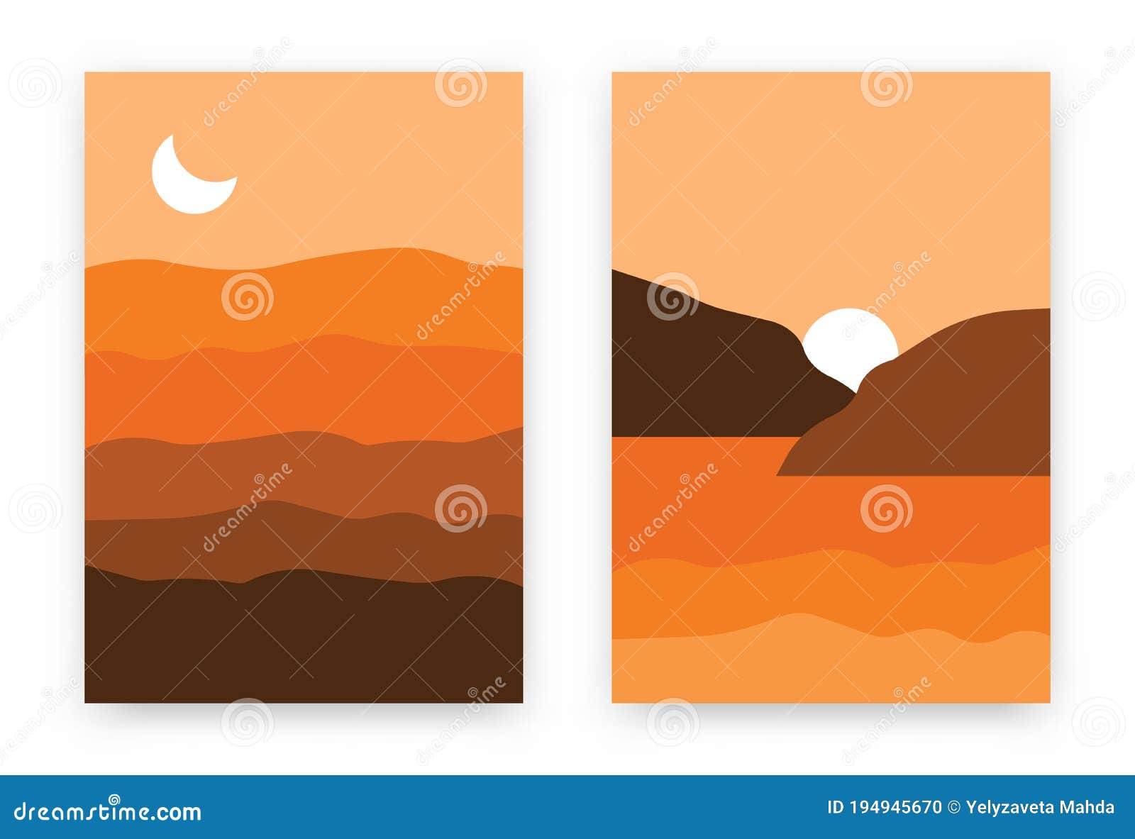 Abstract Mountain Backgrounds. Hand Drawn Poster Set with Hills, River ...