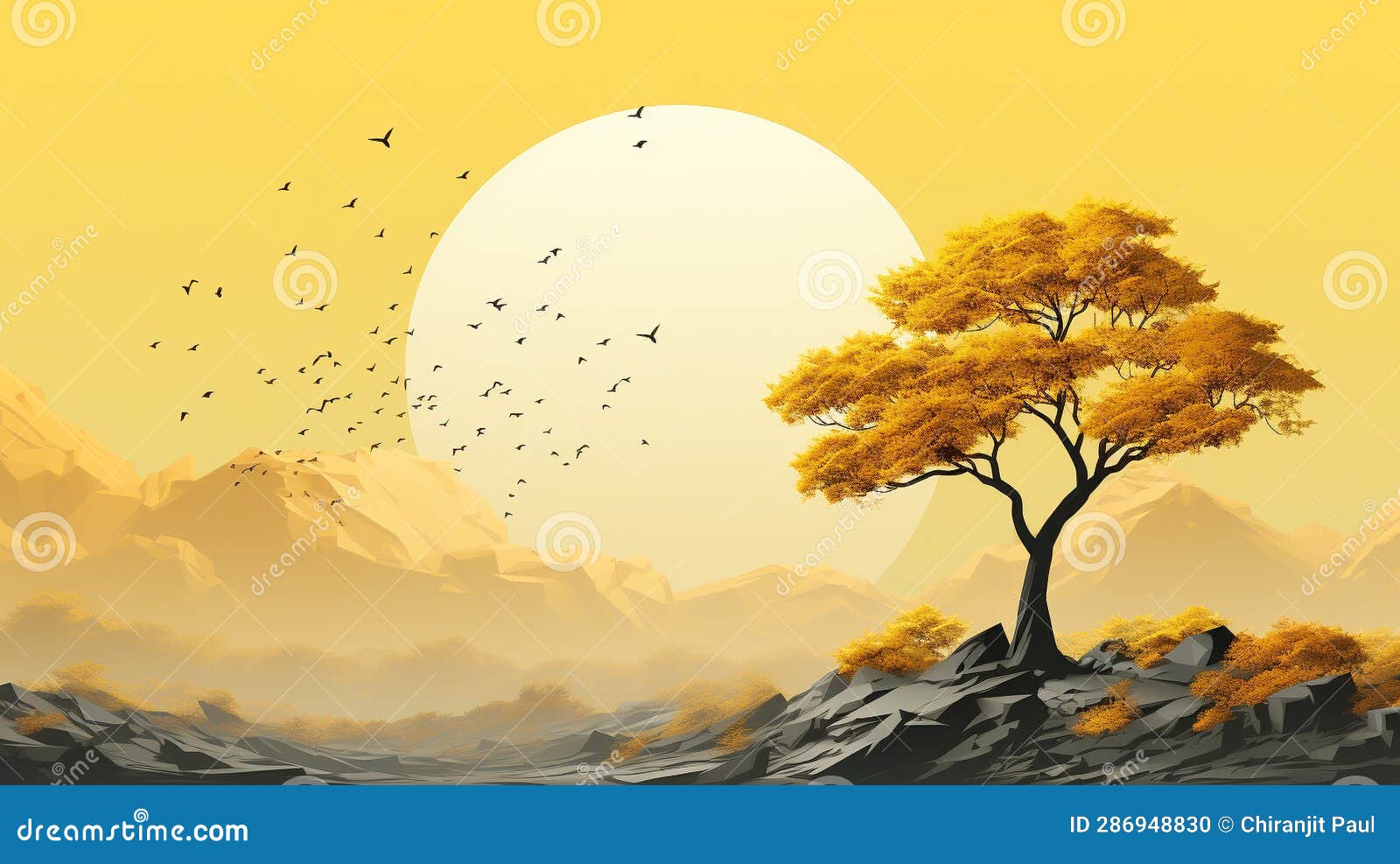 Abstract Nature Green Tree Silhouette on Yellow Backdrop Stock