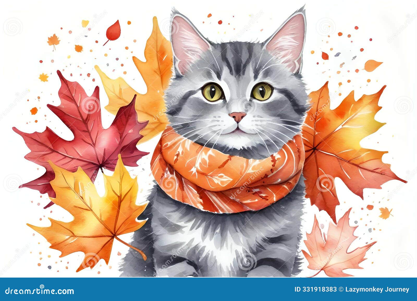abstract neon autum watercolor n vibes  smiling gray kitten looking forward with maple leaf