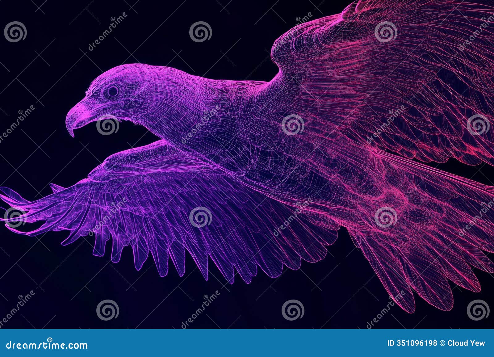 abstract neon wireframe of a bird in flight against a dark background