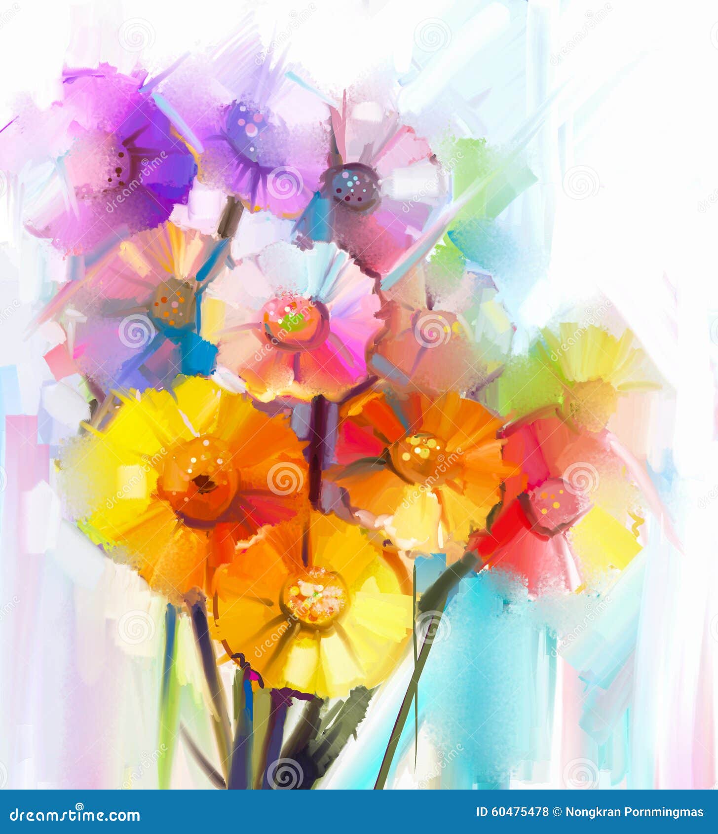 Abstract olieverfschilderij van de lentebloem Stilleven van gele, roze en rode gerbera Kleurrijke Boeketbloemen met lichte groenachtig blauwe kleurenachtergrond De hand schilderde bloemen moderne Impressioniststijl