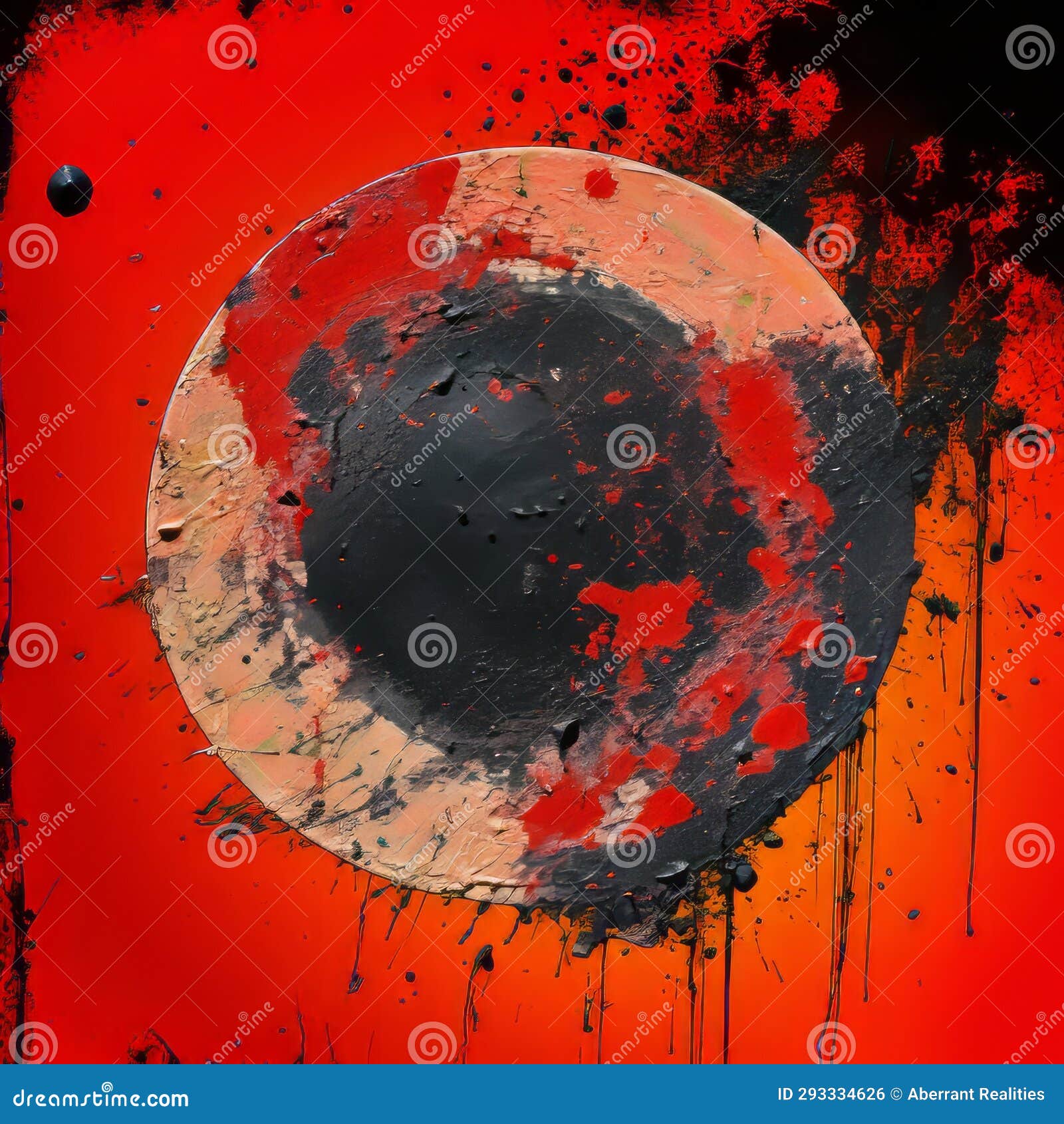 An Abstract Painting of a Black and Red Circle with Paint Splatters