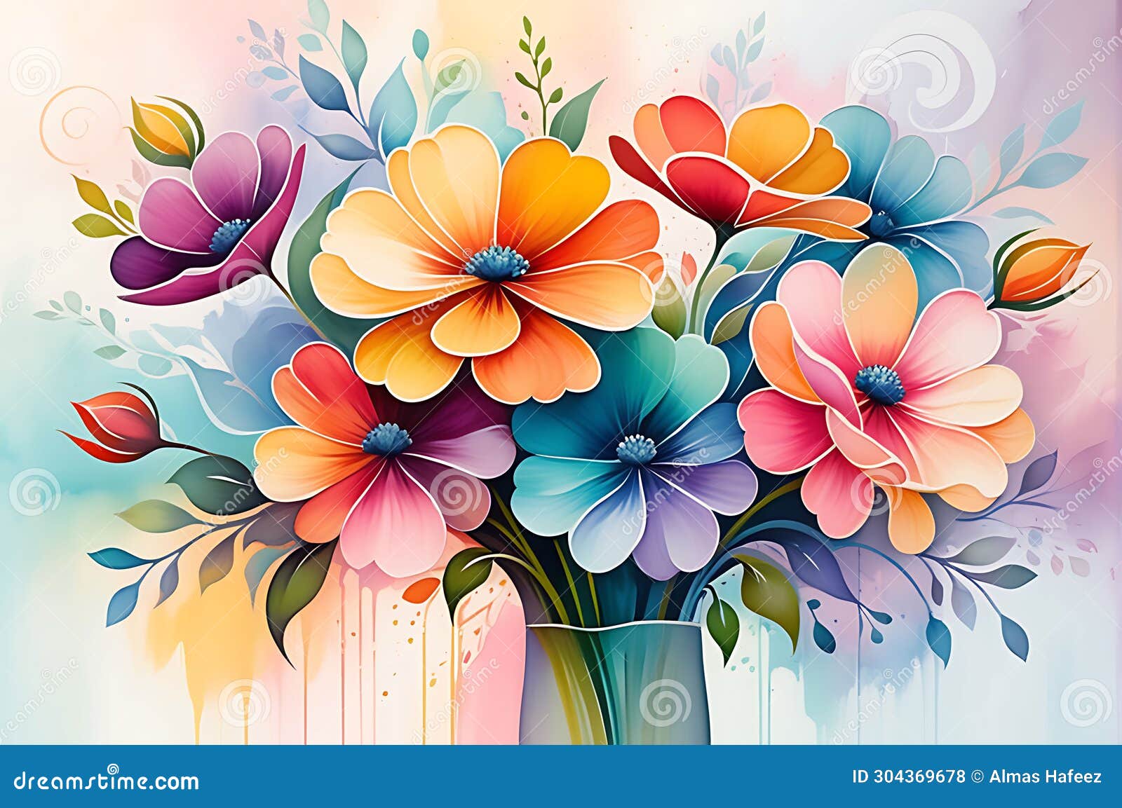 abstract painting - bouquet of undefined flowers centered, swirls of vibrant colors intermingling