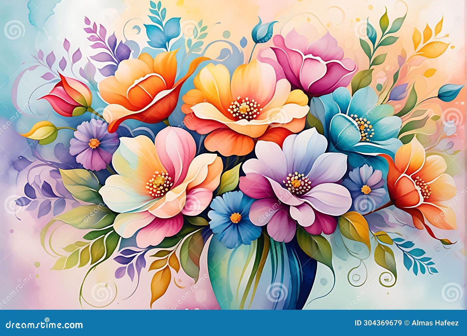 abstract painting - bouquet of undefined flowers centered, swirls of vibrant colors intermingling