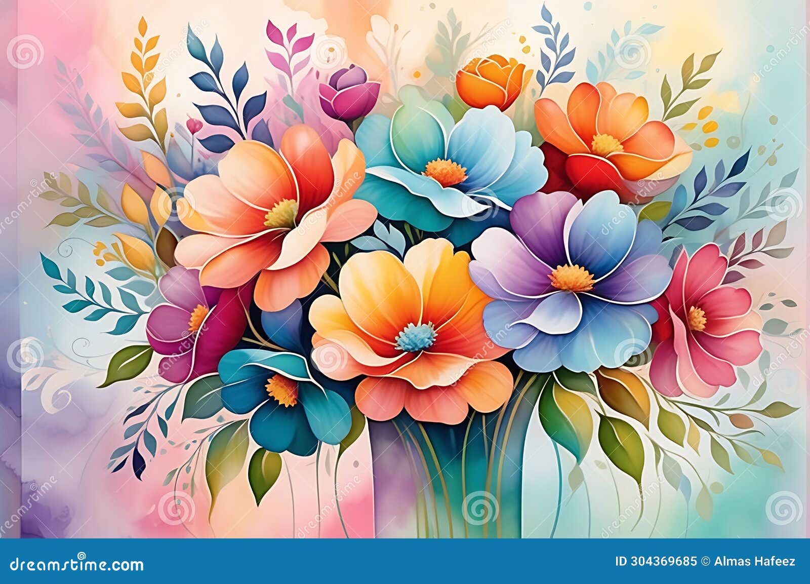 abstract painting - bouquet of undefined flowers centered, swirls of vibrant colors intermingling