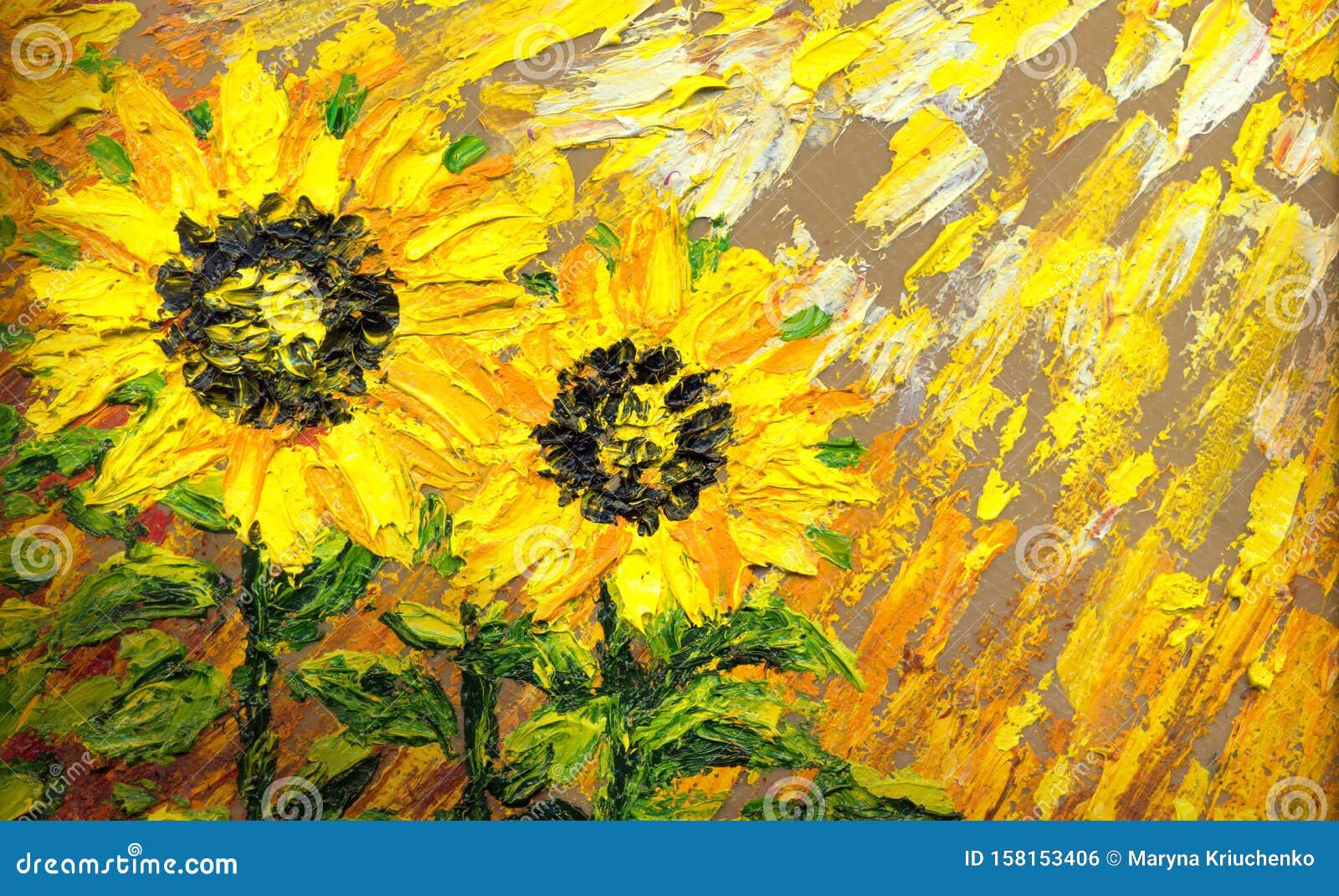 Abstract Painting Bright Sunflowers On The Field Stock
