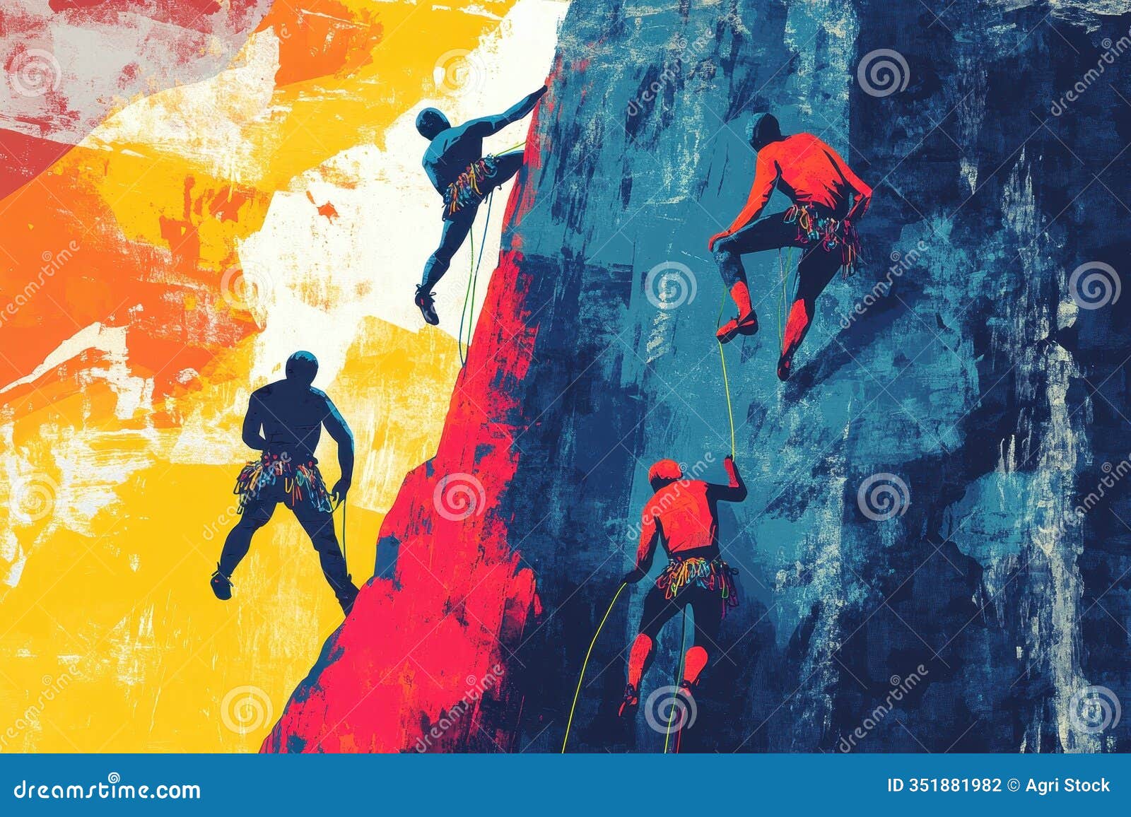 abstract painting of climbers scaling a colorful rock face
