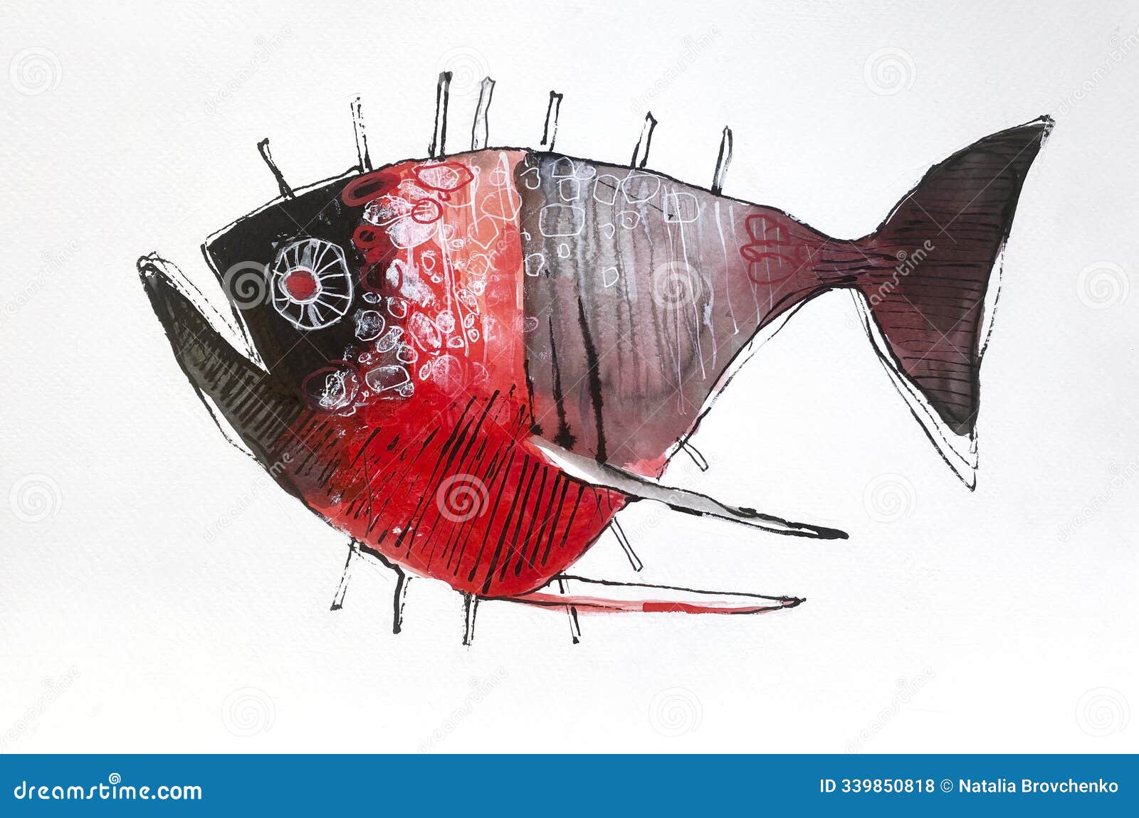 abstract picture of a fish drawn from lines and s in a minimalist style. the artwork of red and black. hand drawn