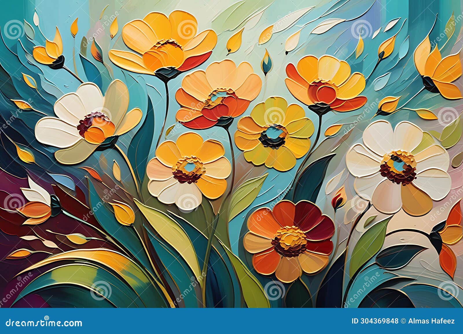 abstract painting - focus on a myriad of flowers in undefined s, blending into a cohesive background