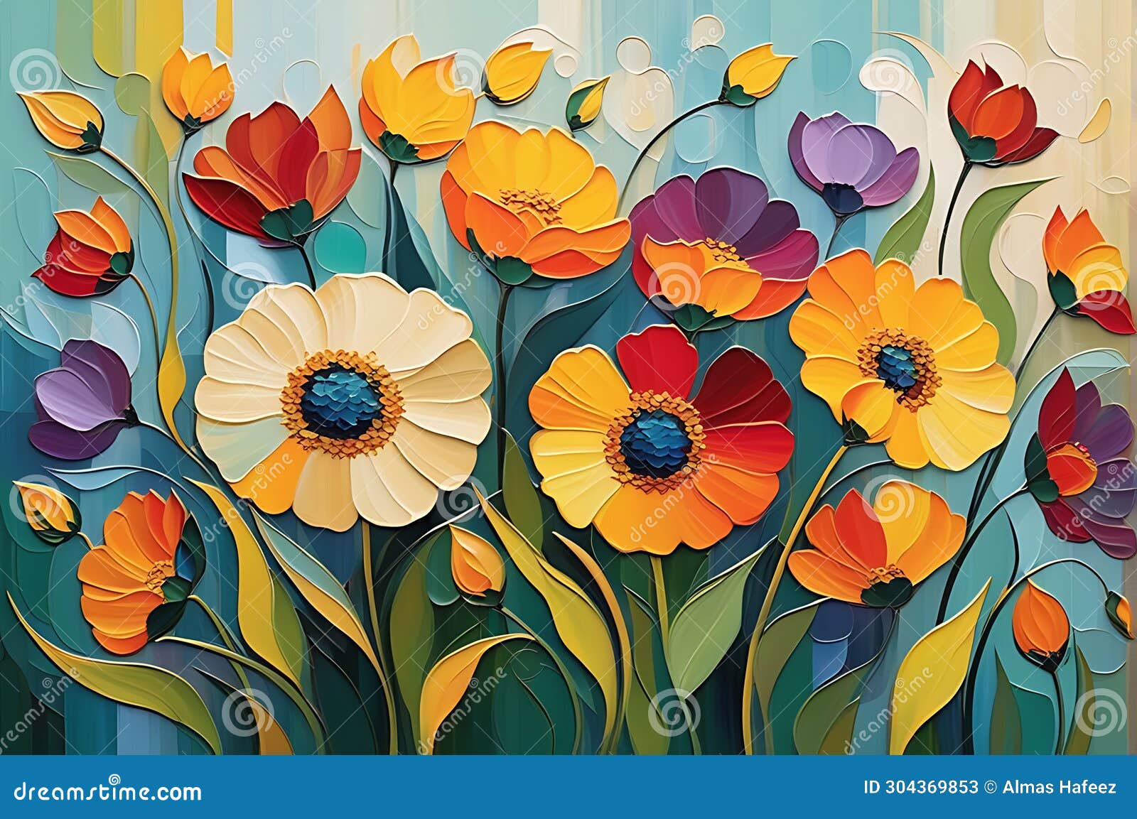 abstract painting - focus on a myriad of flowers in undefined s, blending into a cohesive background