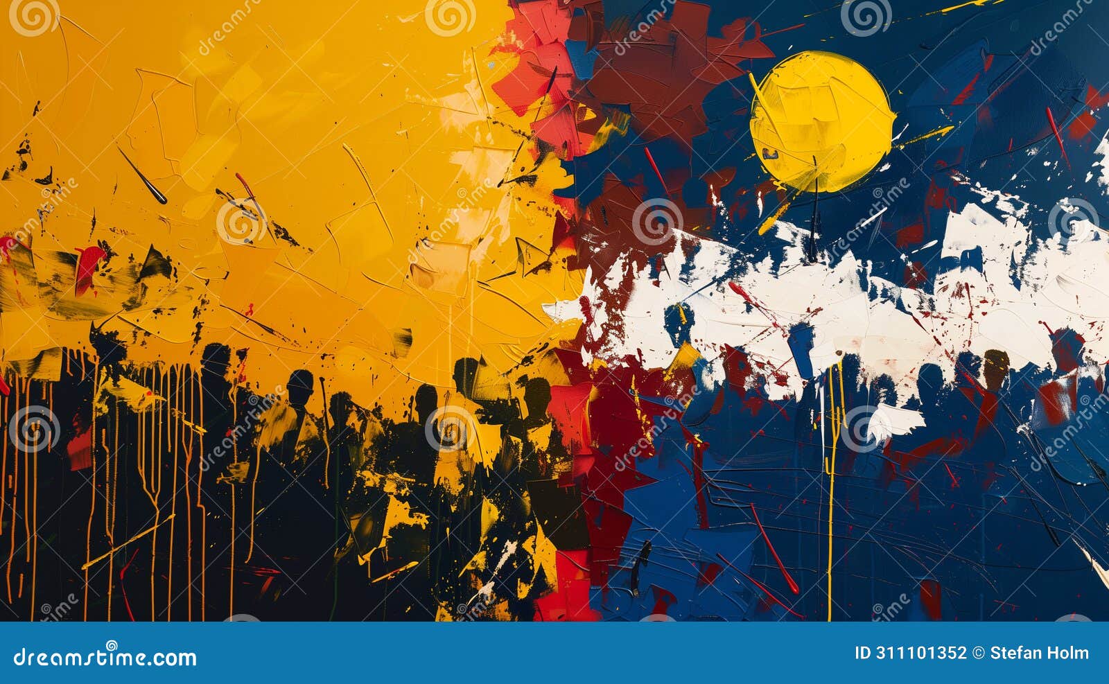 abstract painting of the football game el clasico, bursting with the colors of both teams, white and gold, blue and maroon.