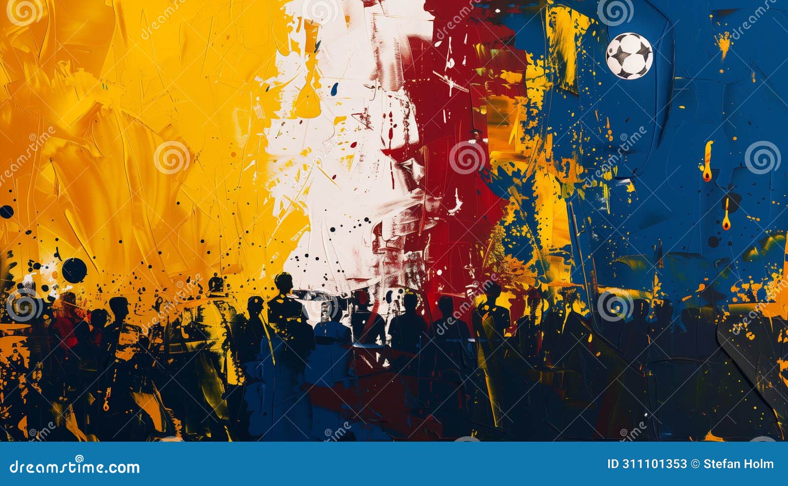 abstract painting of the football game el clasico, bursting with the colors of both teams, white and gold, blue and maroon.