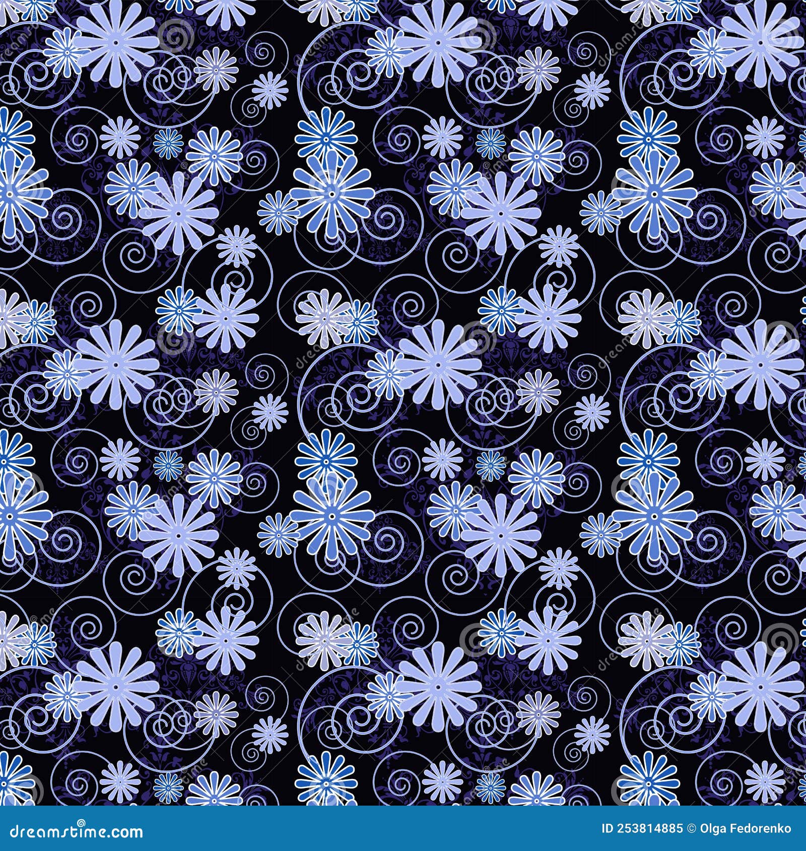 Seamless Vector Pattern of Abstract Pale Blue and White Flowers with