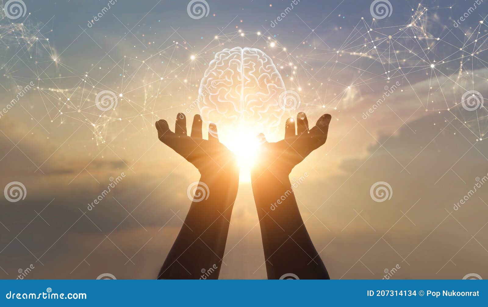 abstract palm hands holding brain with network connections, innovative technology in science and communication concept