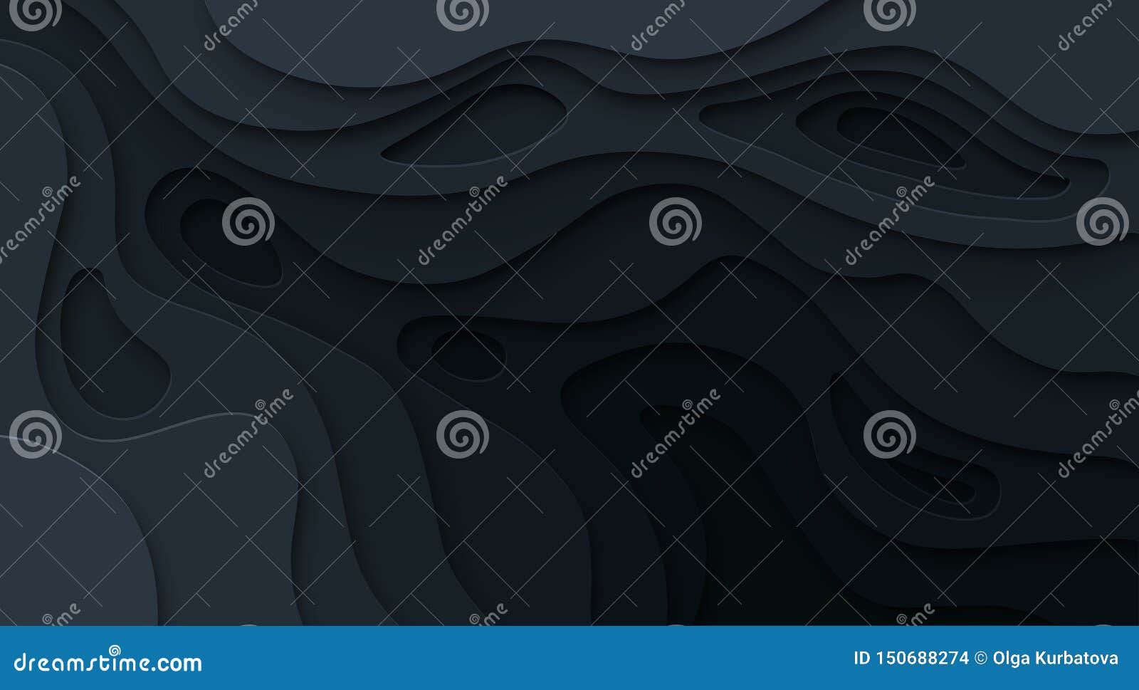 abstract paper cut black background. topographic map dark relief texture with curved levels, hole and shadow. 