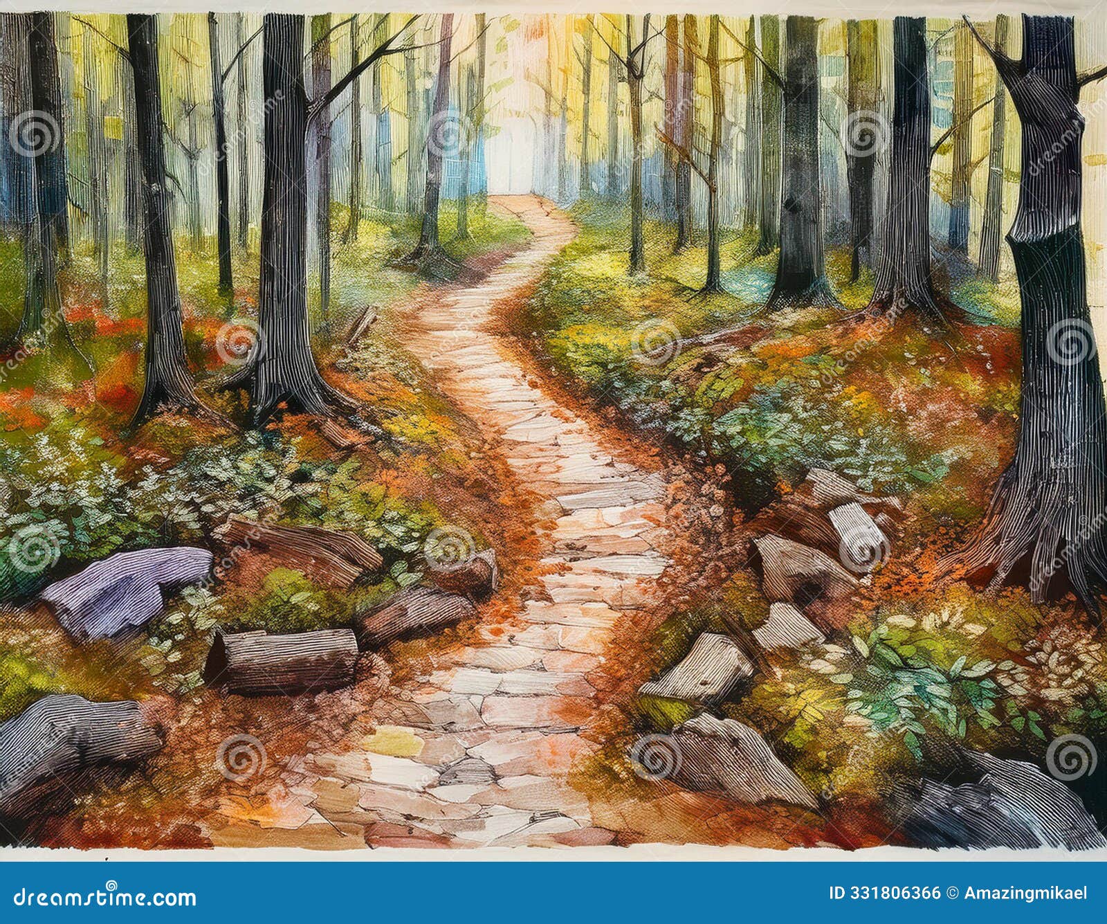 abstract path through the woods focus on leaf and bark textures in an artistic, nature-inspired 