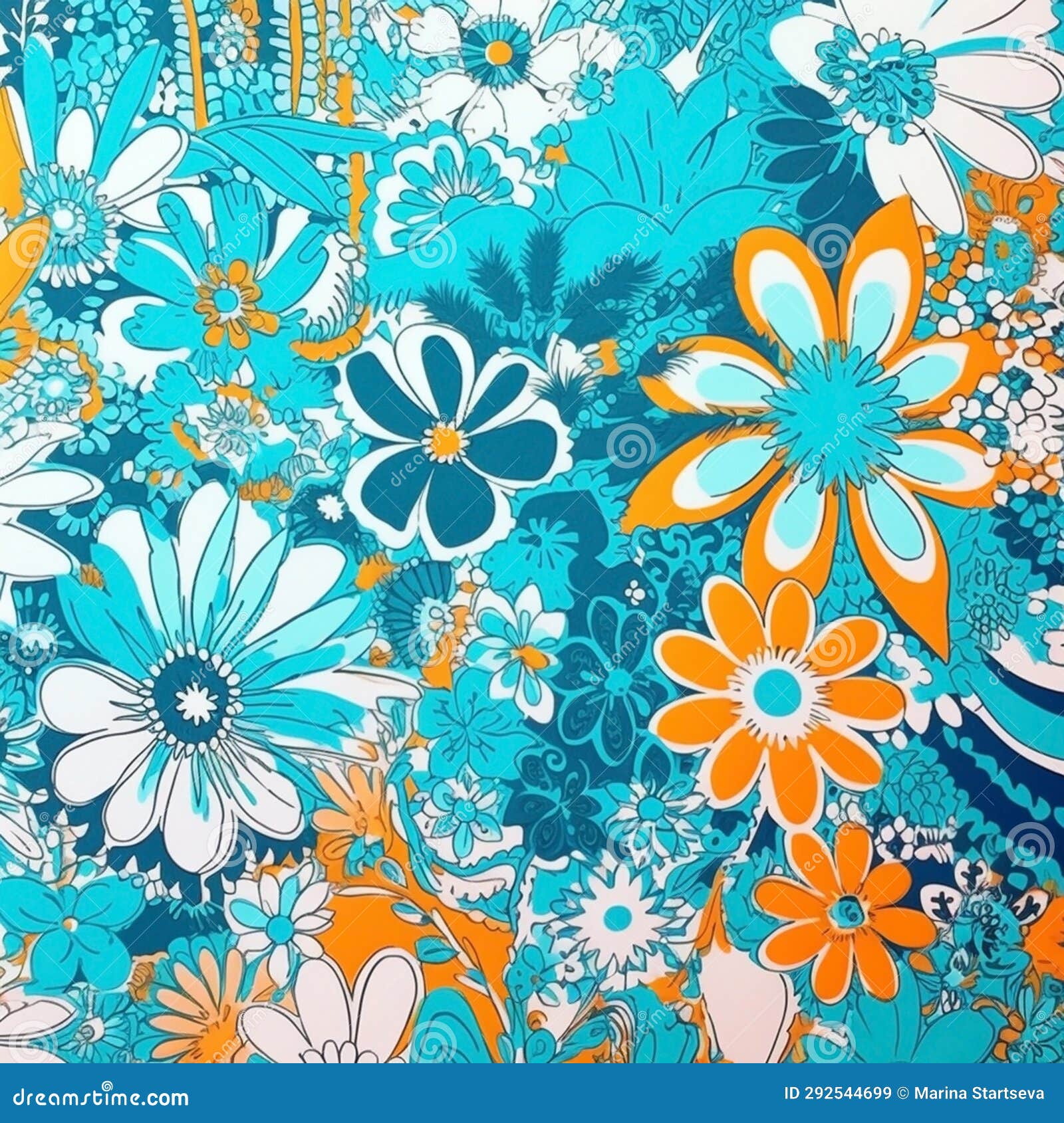 Abstract Pattern of Blue, Orange and White Flowers, Drawing, Tile Stock