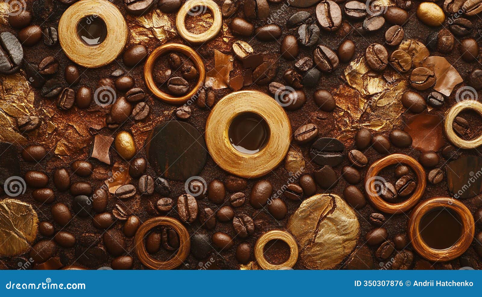 abstract pattern of coffee beans and coffee rings in various browns and golds creating rich organic texture