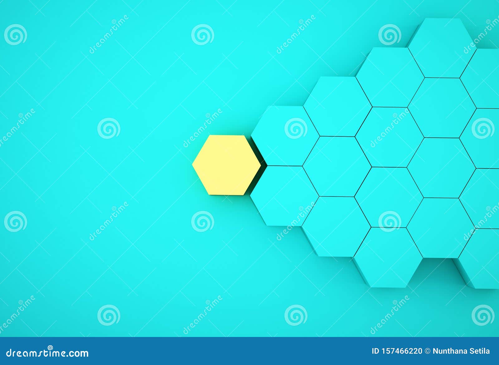 abstract photo of ourstanding yellow beehive-like hexagons among blue hexagons on blue background. minimal business concept