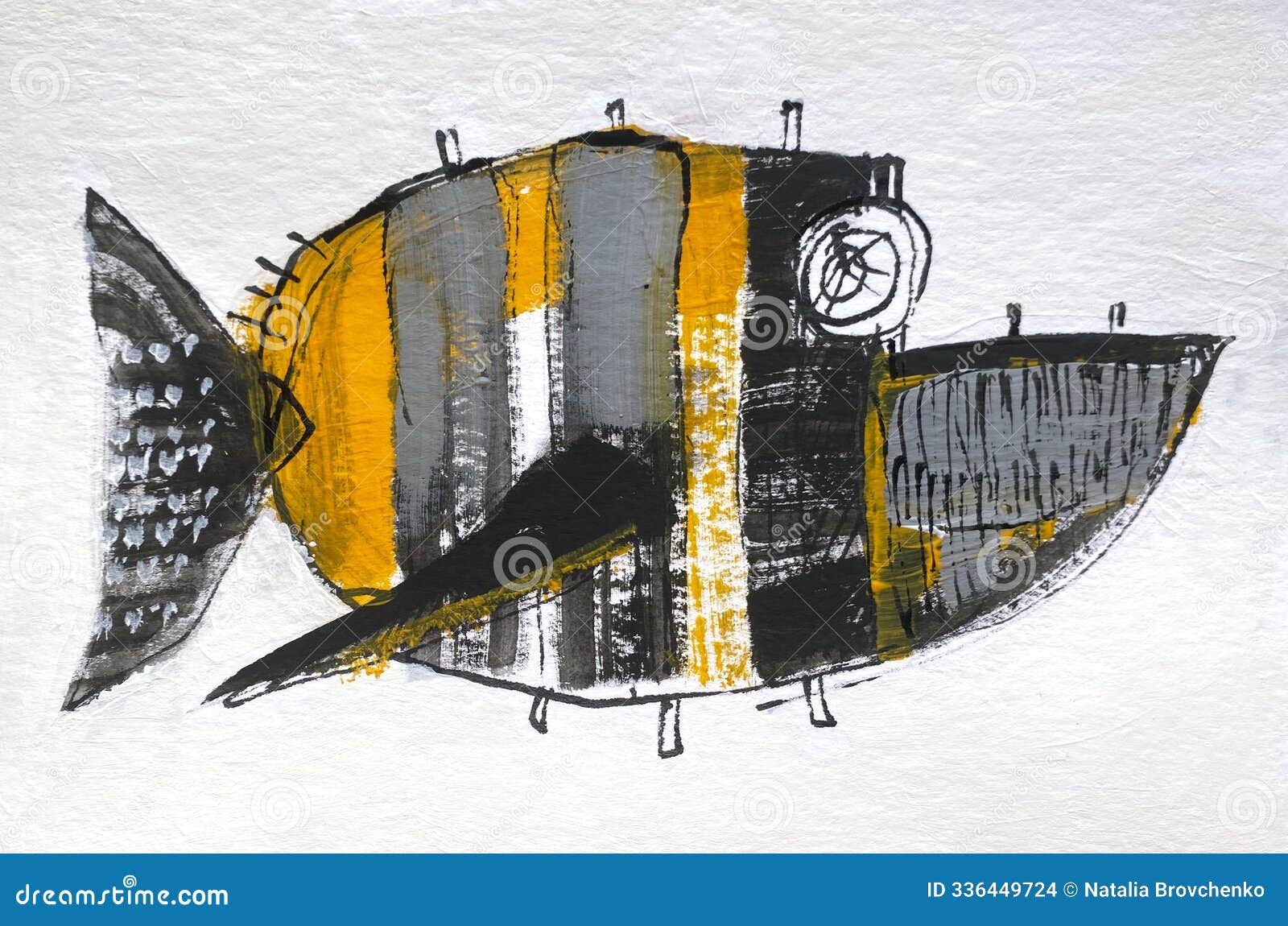 abstract picture of a fish drawn from lines and s in a minimalist style. the artwork of yellow and black. hand drawn