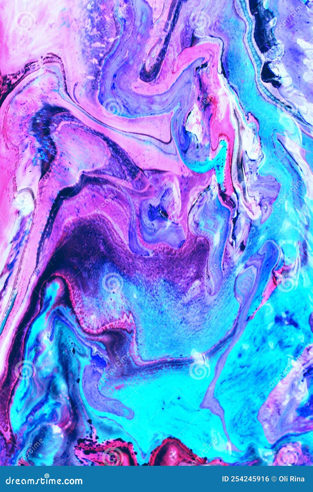 Abstract Pink and Blue Marble Background. Acrylic Paint Flows Freely