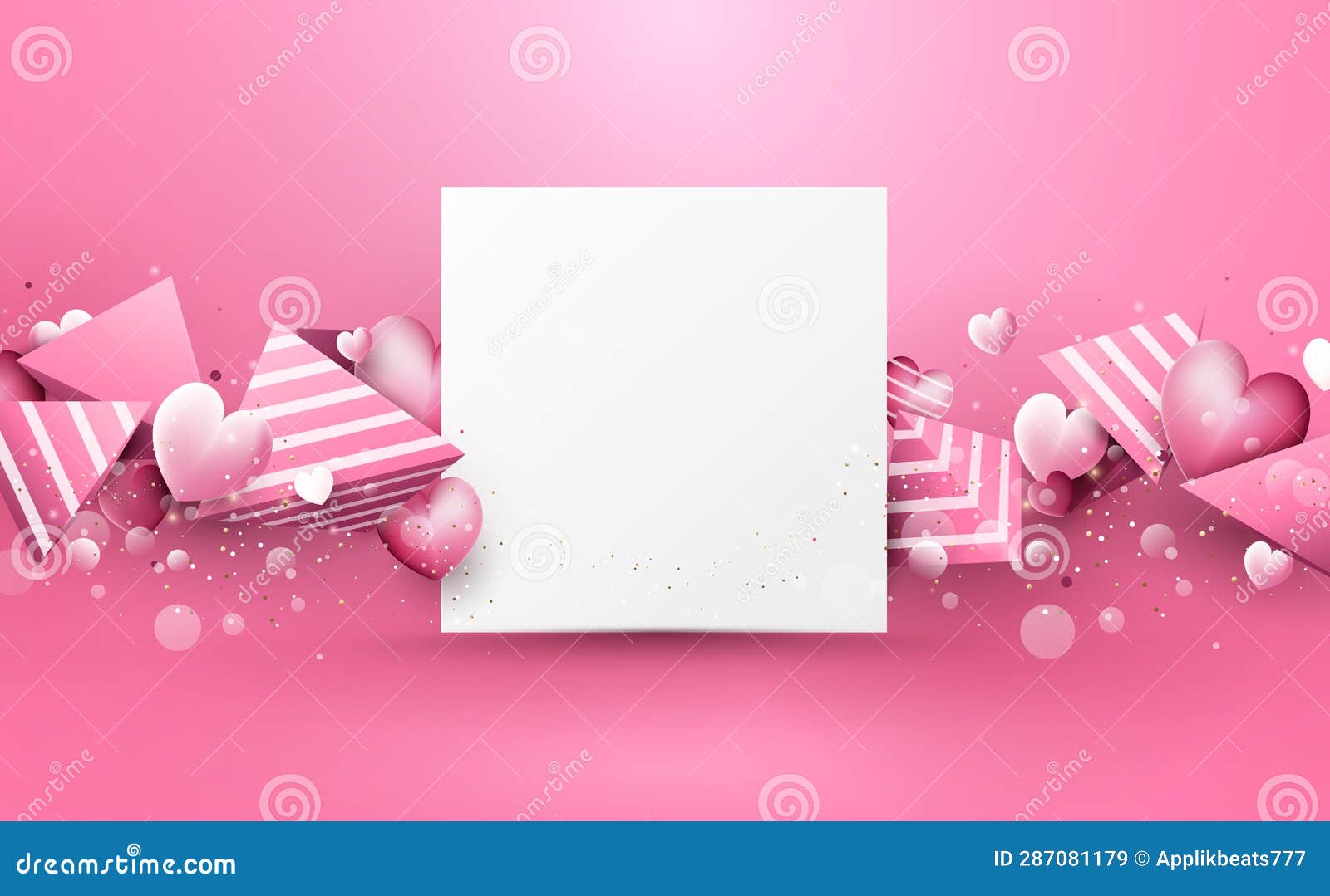 abstract pink 3d polygons and hearts rough stripes, white square  frame. happy valentines day