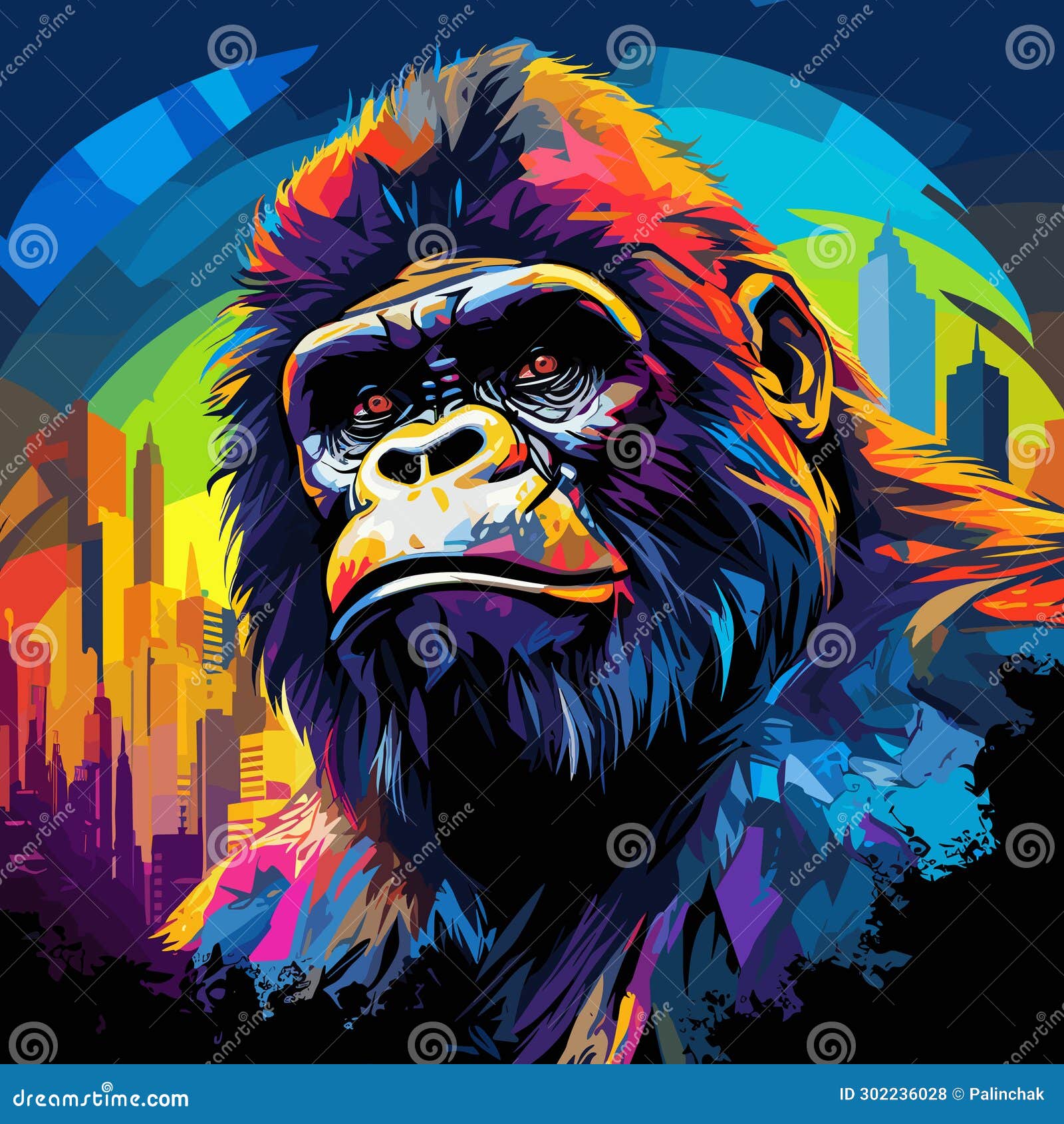 gorilla on the streets of metropolis in psychedelic  pop art style