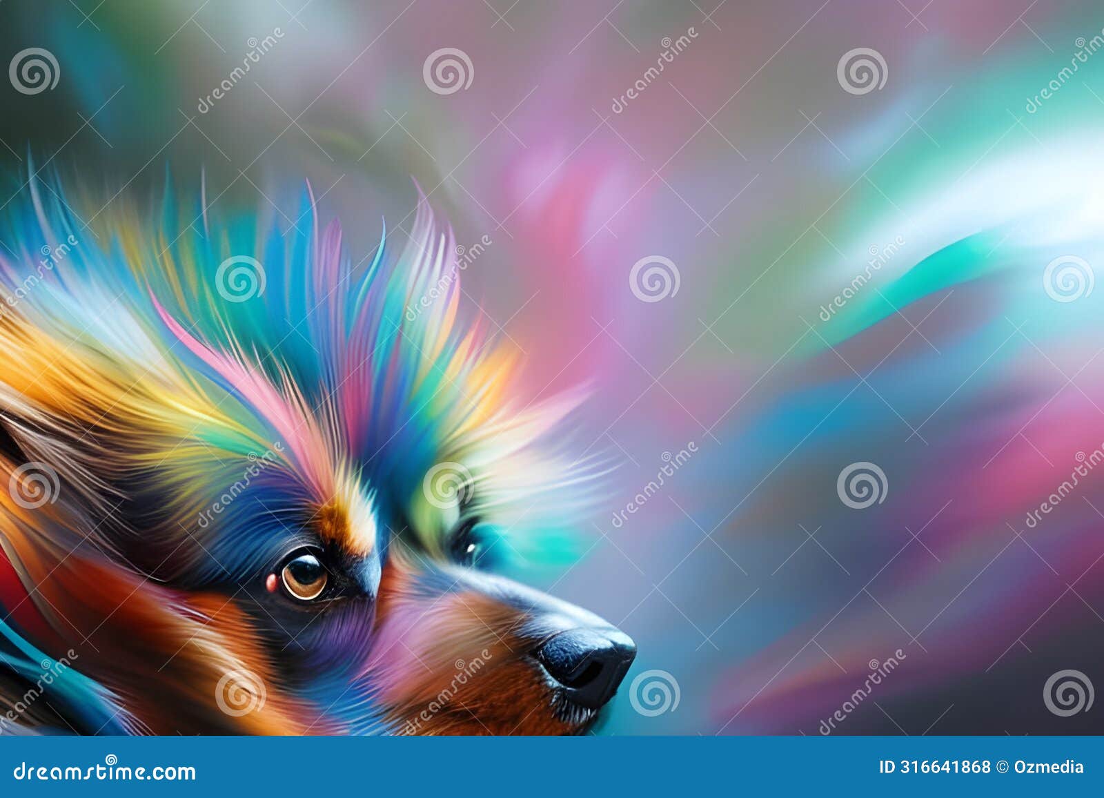 abstract portrayal of a dog with multicolored fur and dynamic colors, generative ai