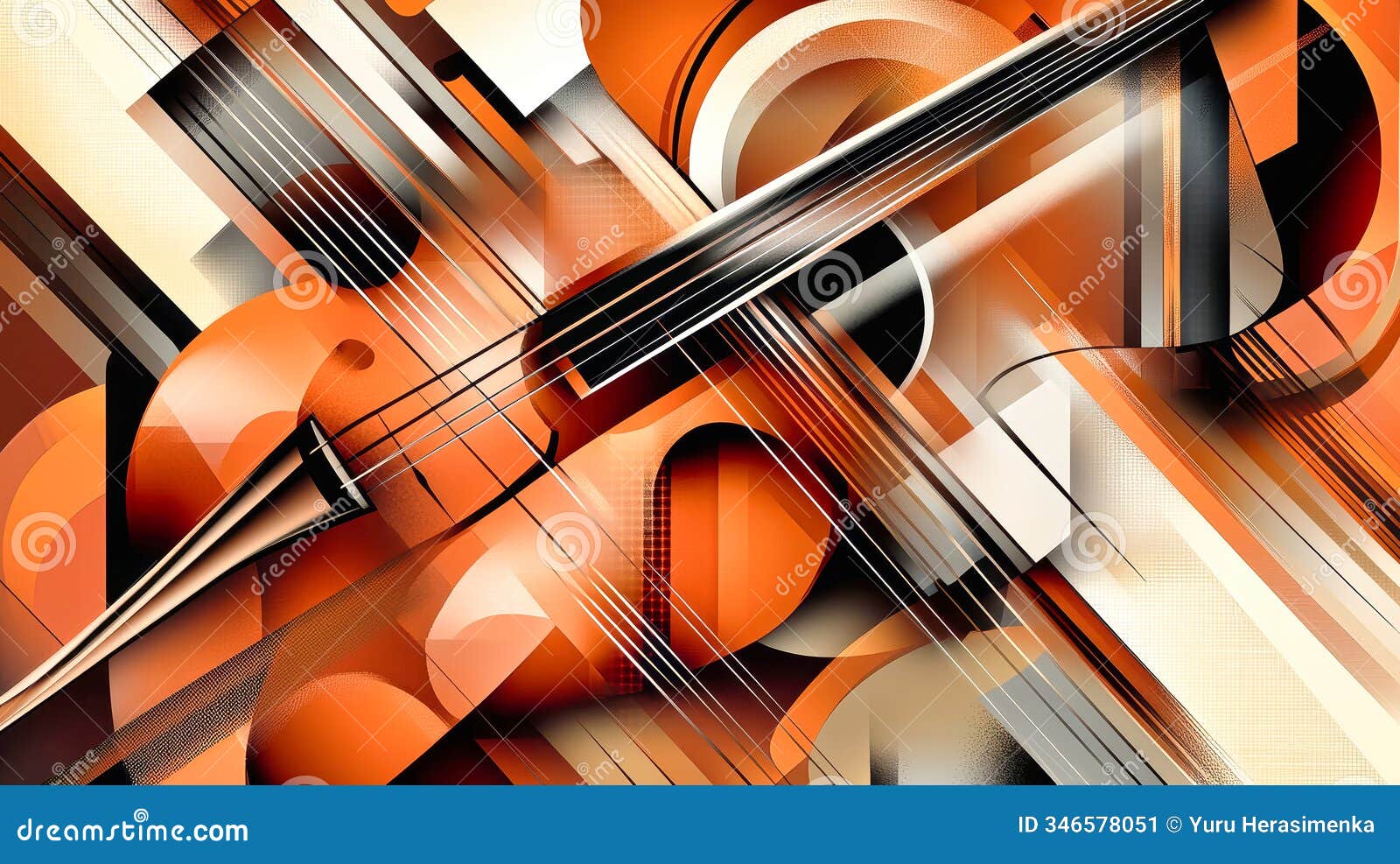 abstract retro music  featuring geometric s and instruments like guitar and violin in an orange and brown palette