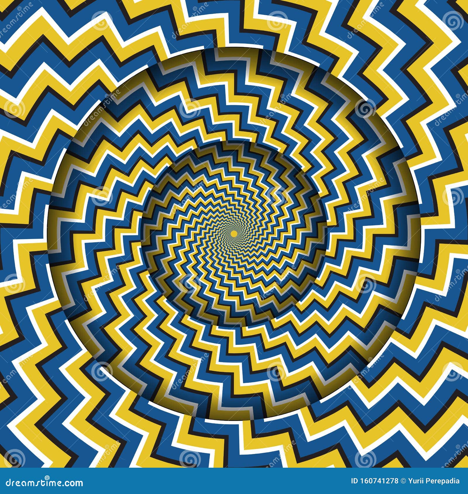 Abstract Round Frame with a Rotating Blue Yellow Zigzag Stripes Pattern