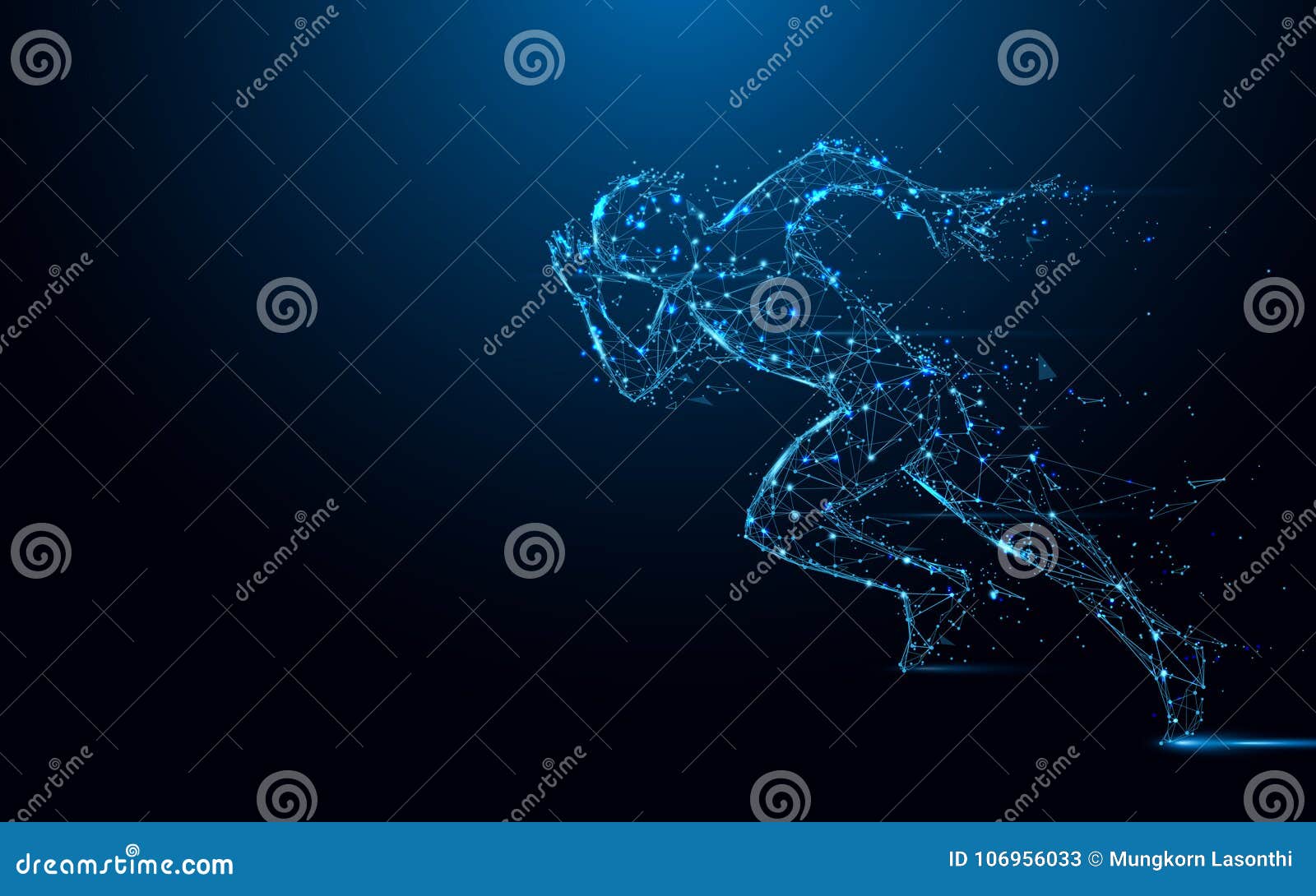 abstract running man form lines and triangles, point connecting network on blue background