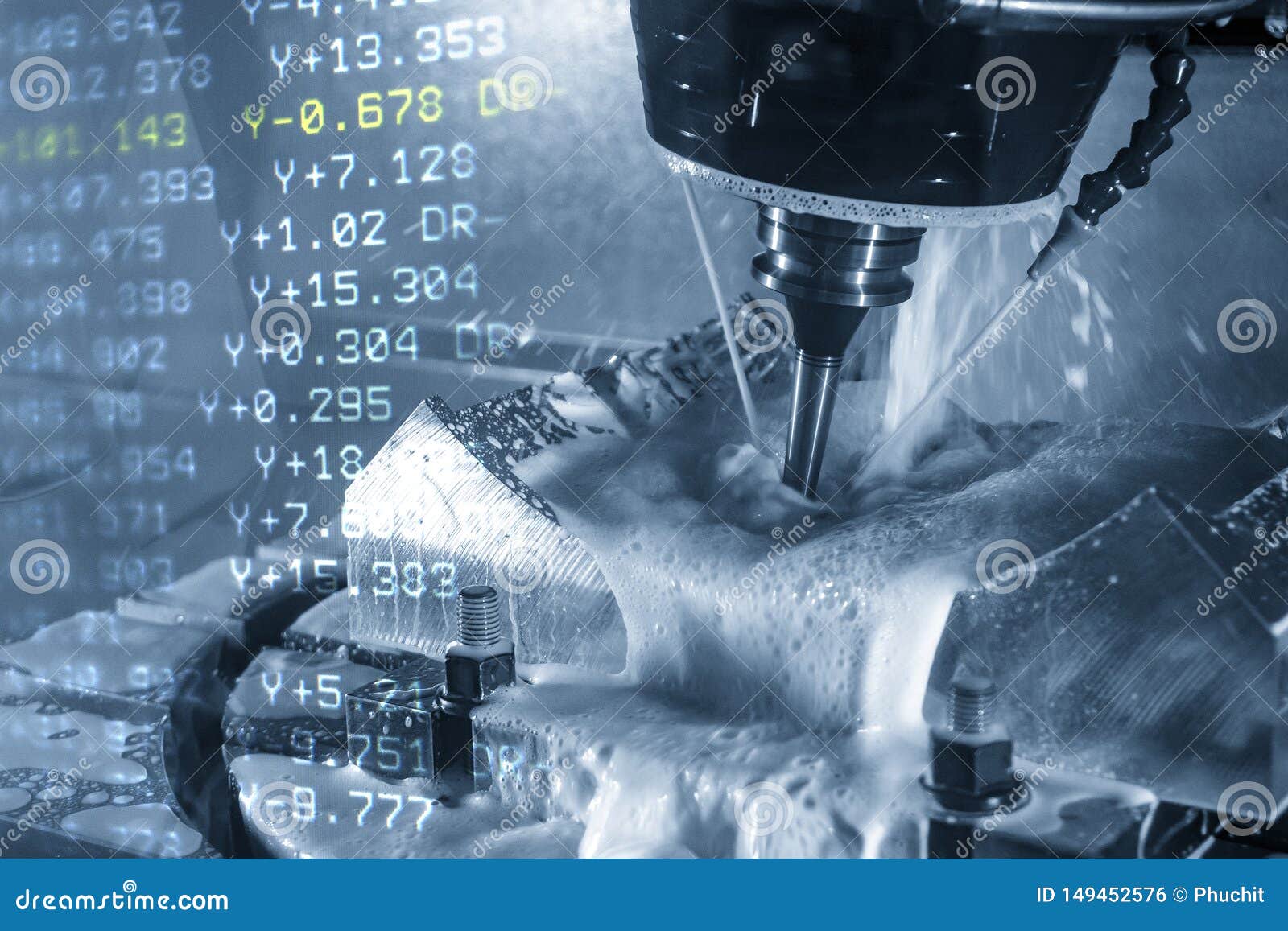 the abstract scene of the 5-axis cnc machining center and the g-code data.