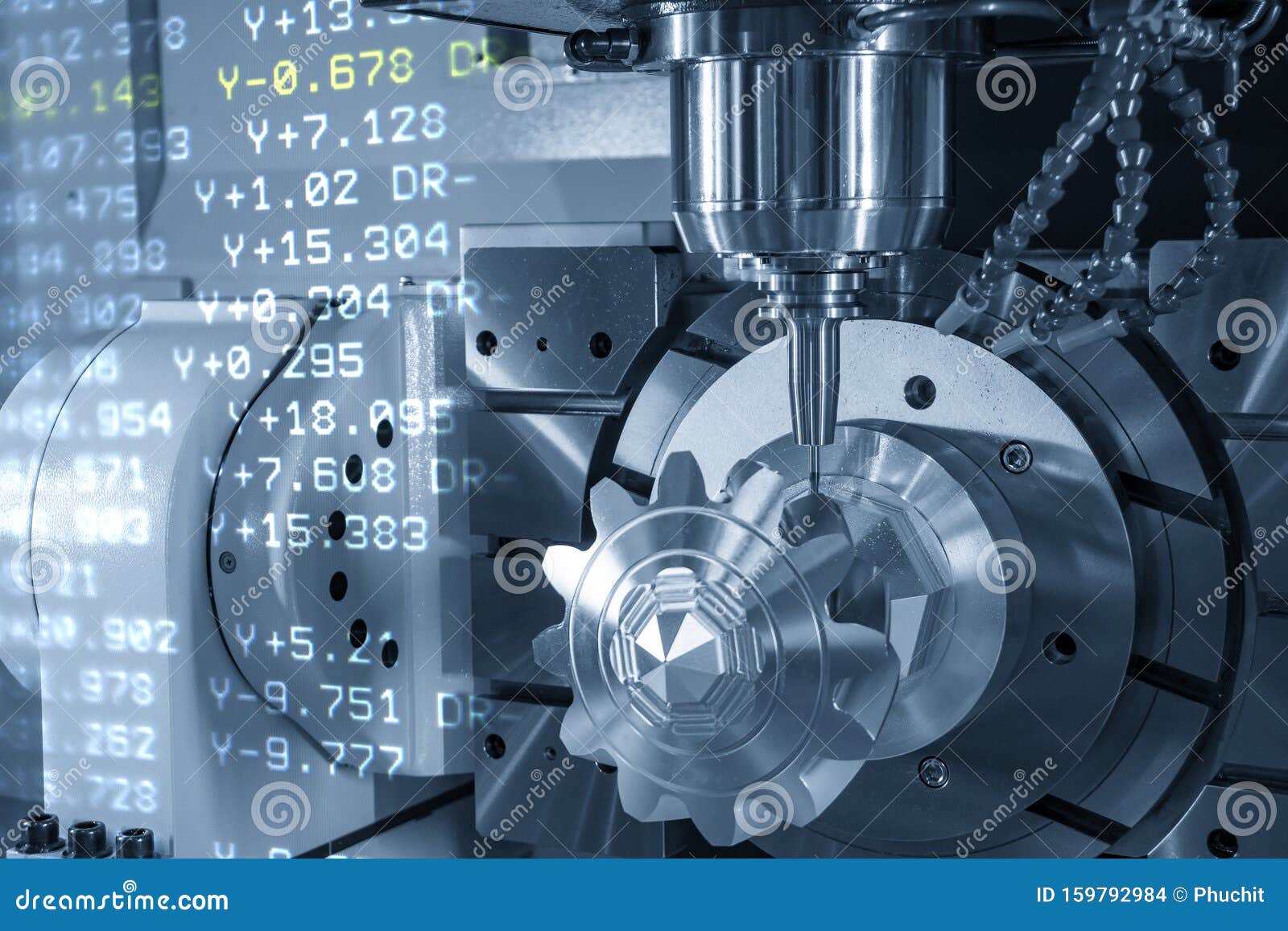 the abstract scene of 5-axis cnc milling machine and  g-code data cutting the metal gear parts by solid ball endmill tools.