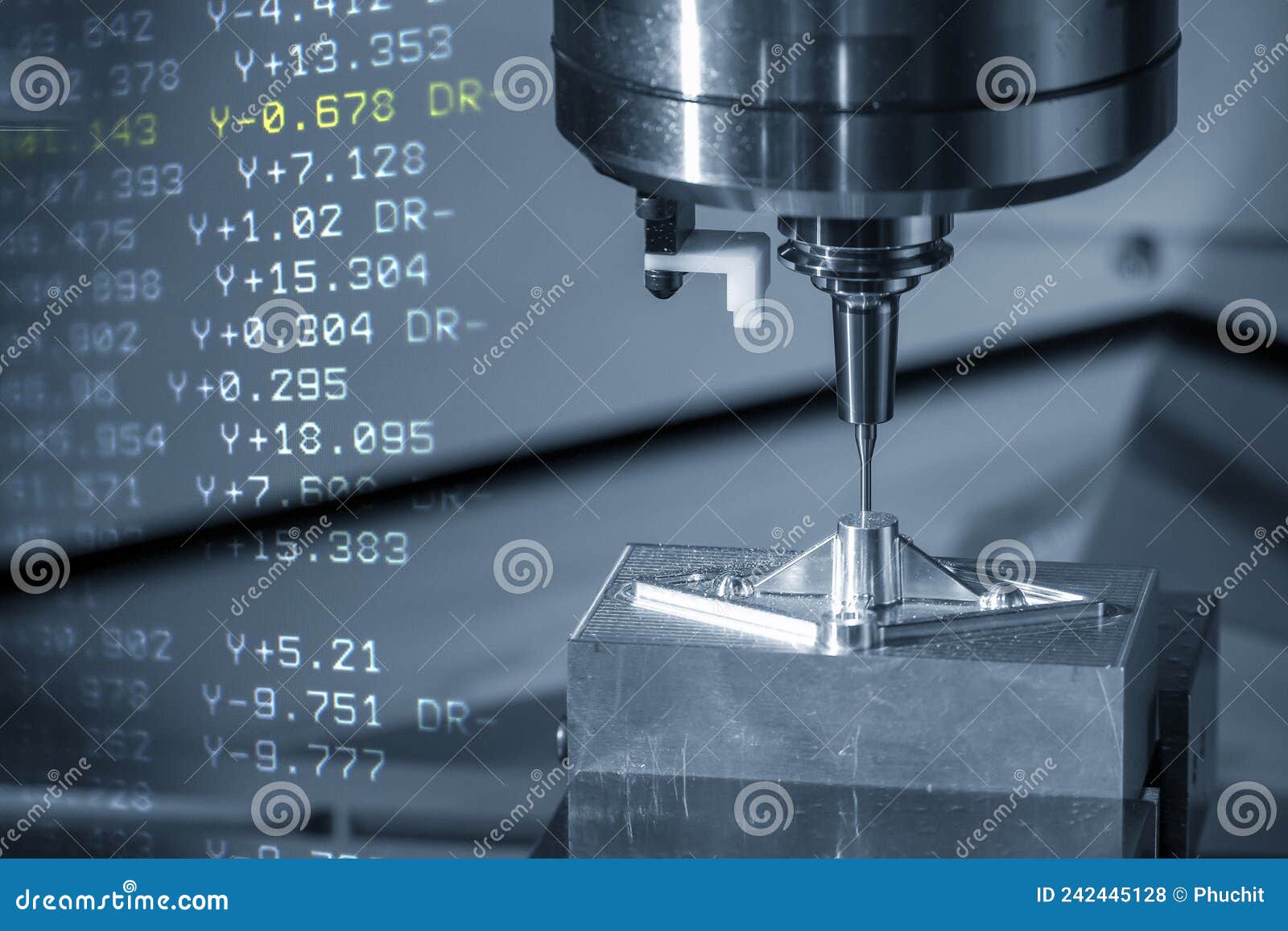 abstract scene cnc milling machine micro cutting the mold parts and g-code data background