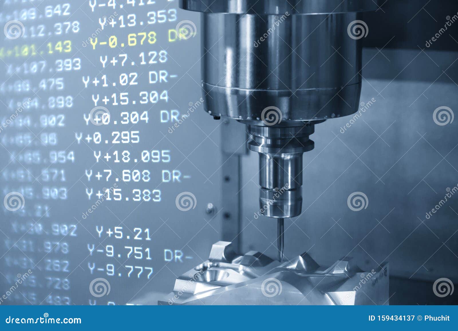 the abstract scene of the g-code data background and the cnc milling machine cutting the mould and die parts with solid ball endmi