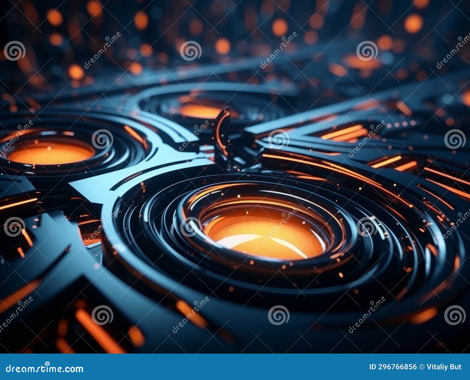 Abstract Scifi Blue and Orange 3D Background, Concept of Digital Future., AI Stock Photo