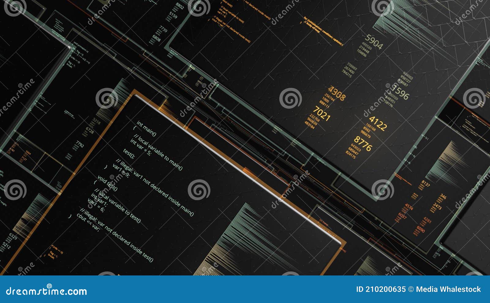 abstract screens with digits, graphs, abstract scientific graphic background, seamless loop. animation. 3d visualization