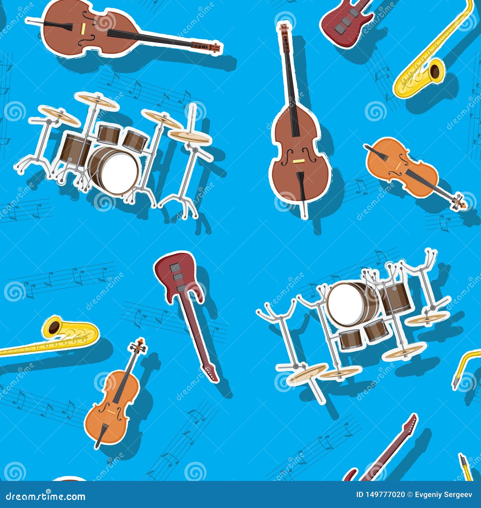 abstract seamless pattern musical instruments guitar saxophone drum cello double bass,  image