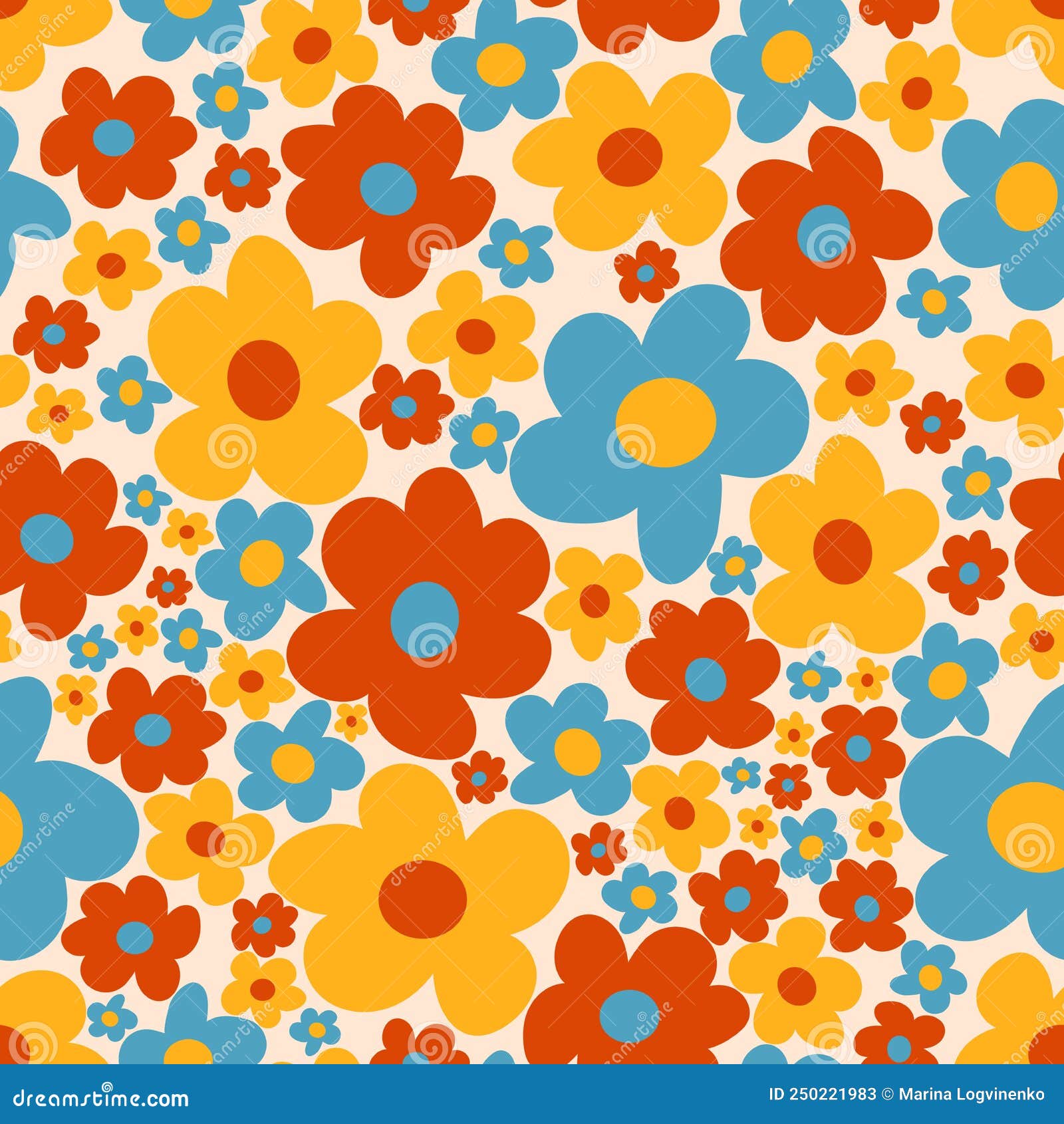 Floral Vector Background With Vintage Groovy Daisy Flowers