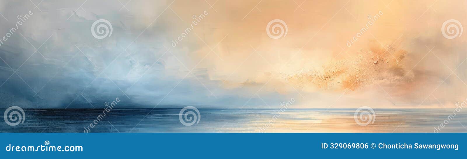abstract seascape painting with soft blue and peach colors blending over horizon, creating a serene and calming atmosphere