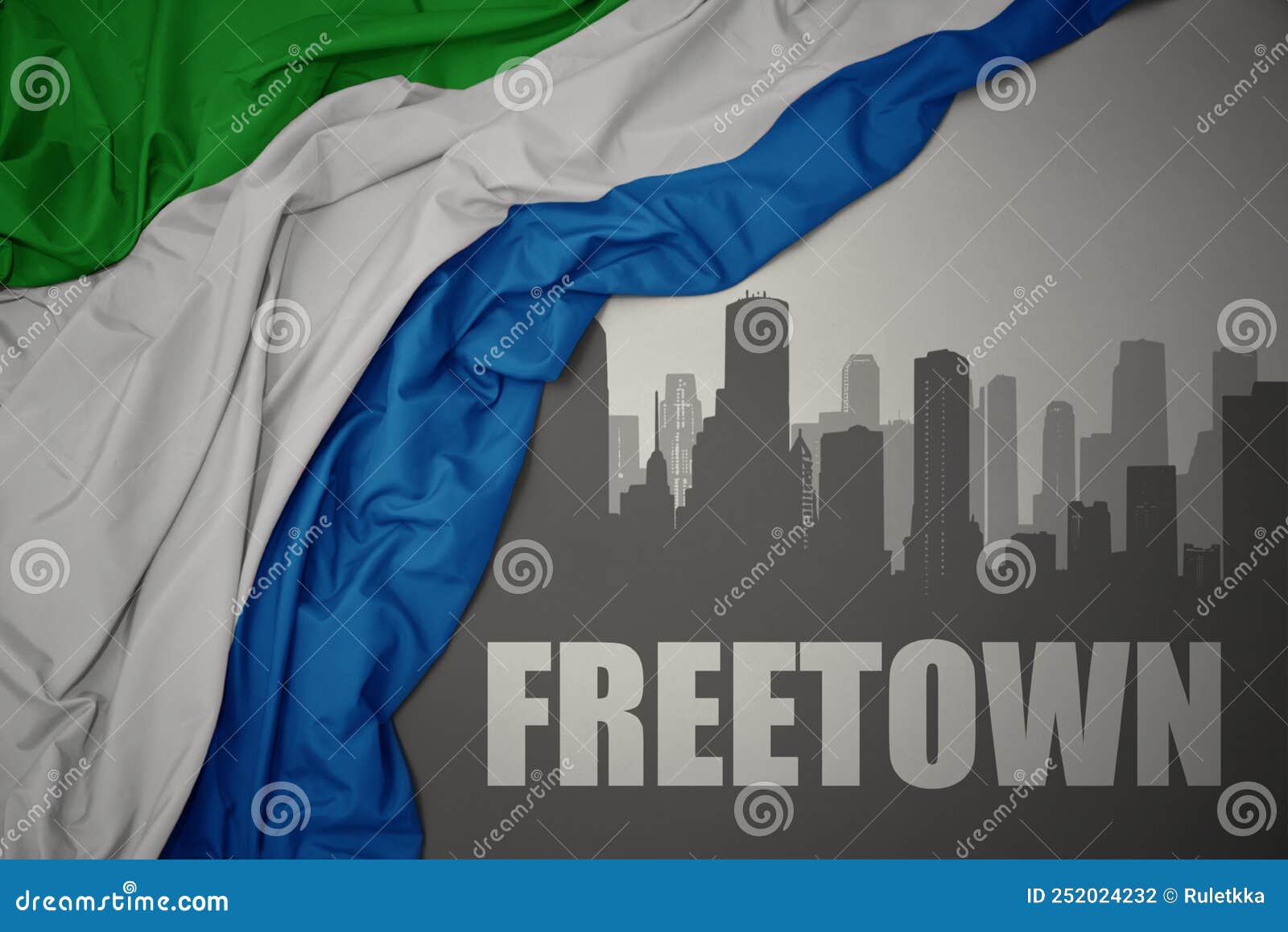 Abstract Silhouette of the City with Text Freetown Near Waving Colorful  National Flag of Sierra Leone on a Gray Background Stock Photo - Image of  secure, downtown: 252024232