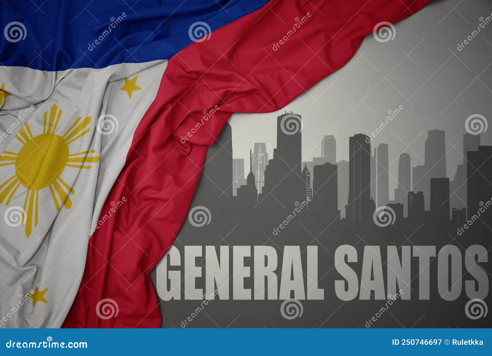 abstract silhouette of the city with text general santos near waving national flag of philippines on a gray background.3d