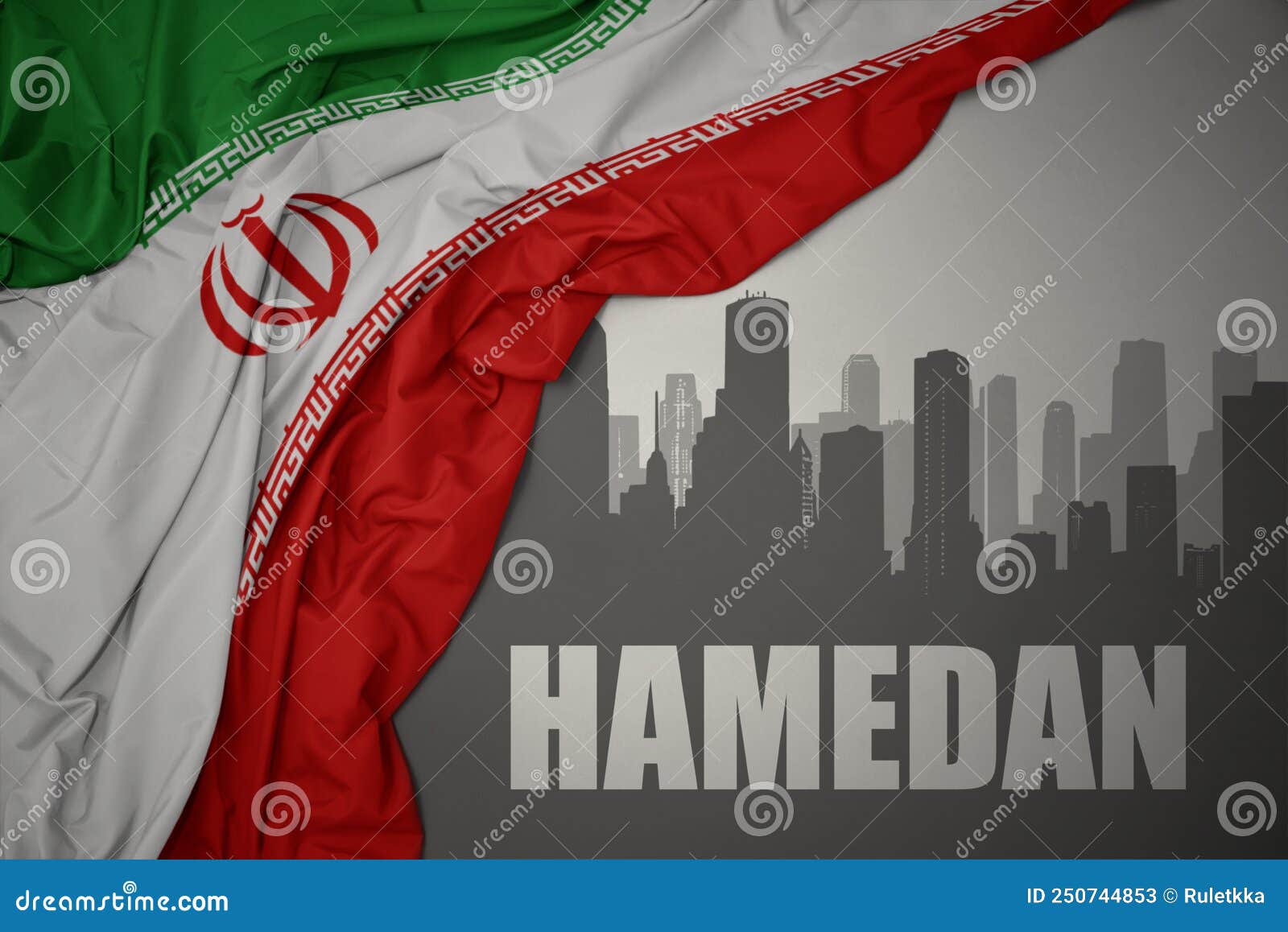 abstract silhouette of the city with text hamedan near waving national flag of iran on a gray background.3d 