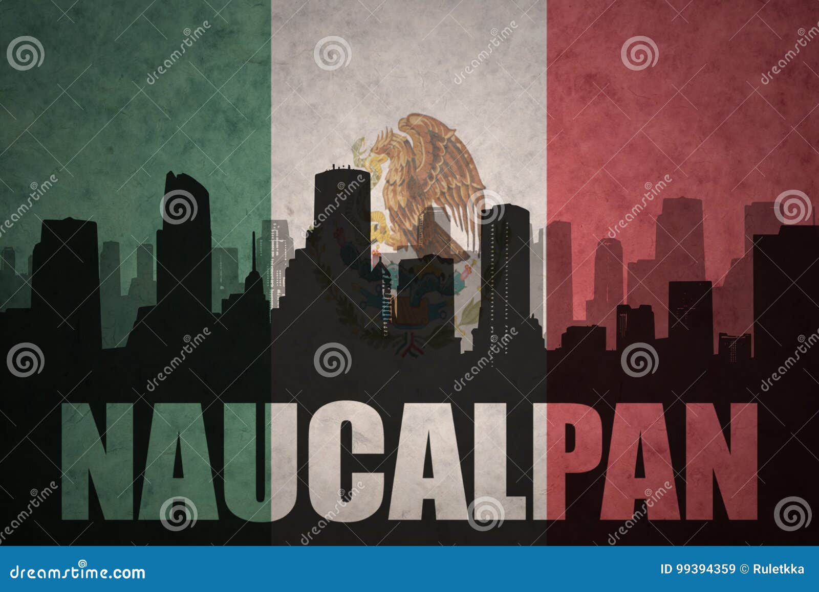 abstract silhouette of the city with text naucalpan at the vintage mexican flag