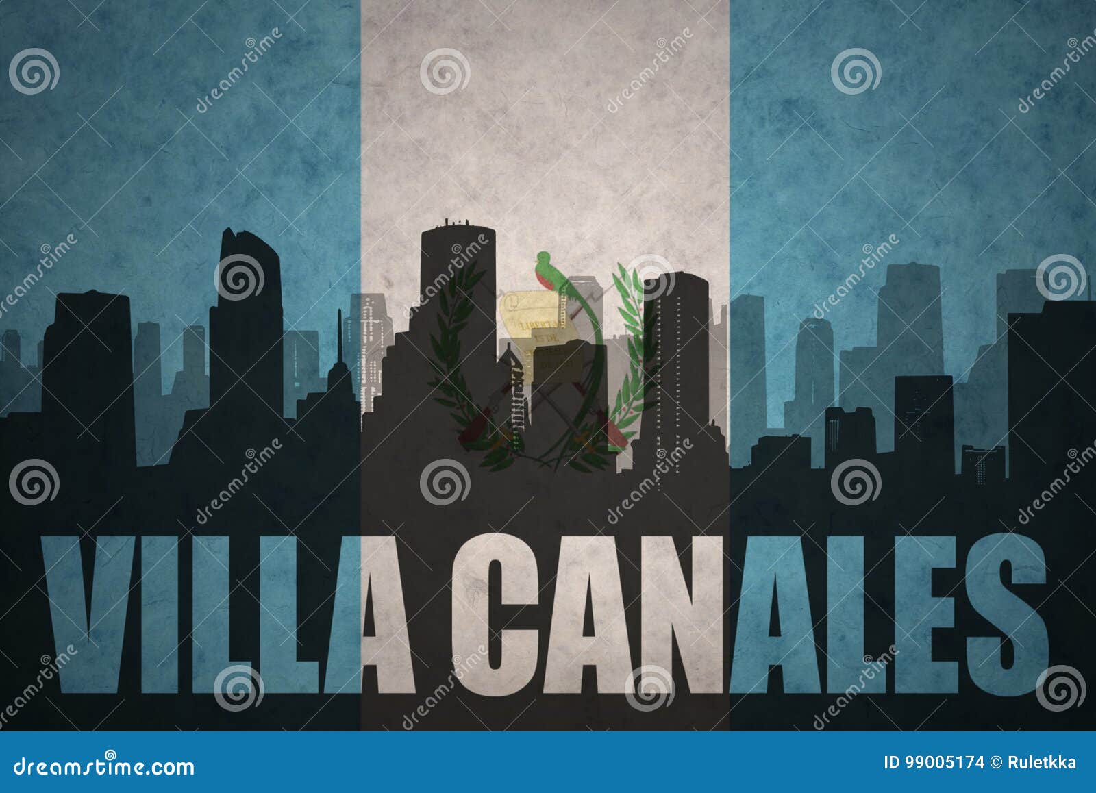 abstract silhouette of the city with text villa canales at the vintage guatemalan flag